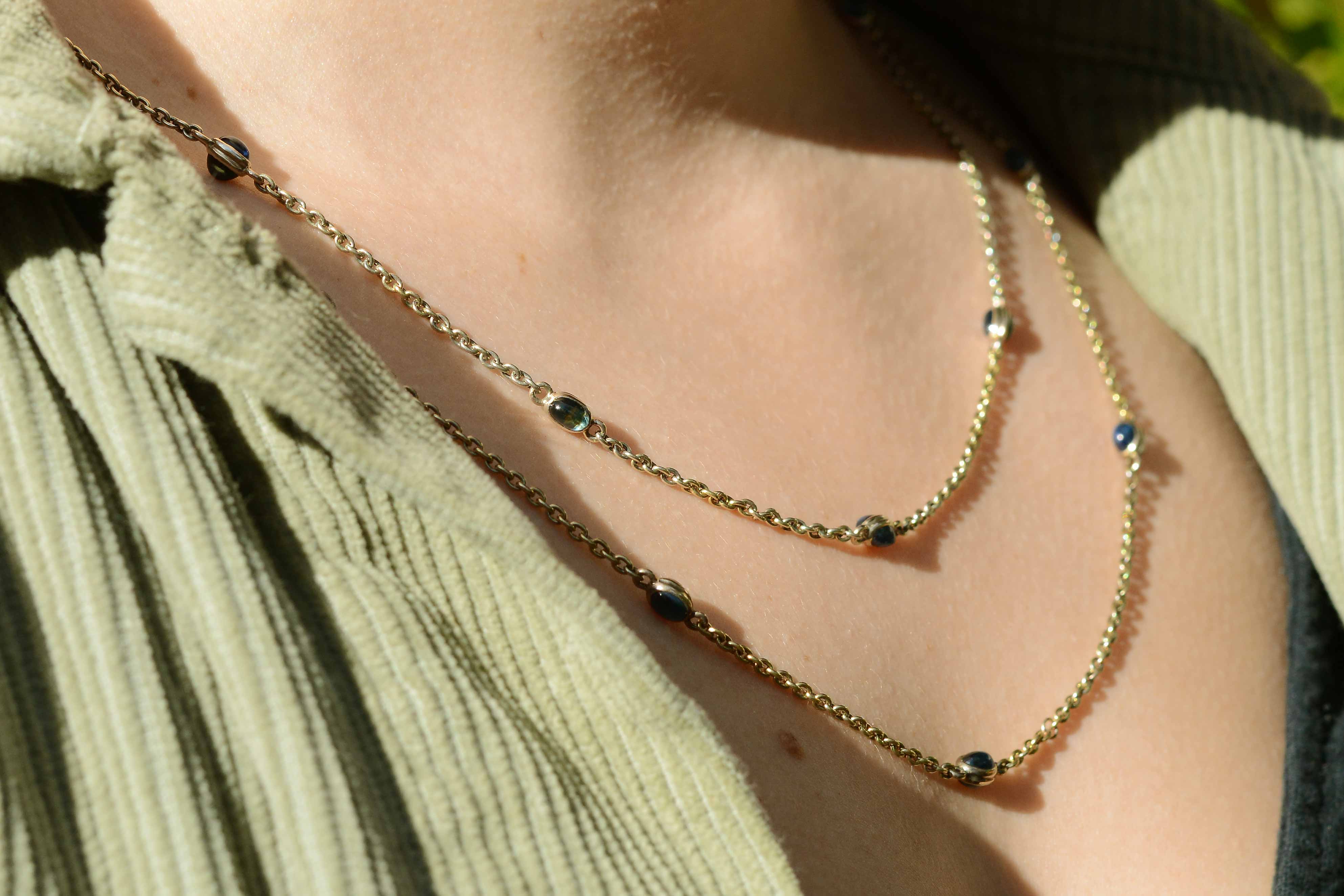 SOLD Art Deco Sapphires By the Yard Station Necklace 57" Long 20Kt Yellow Gold