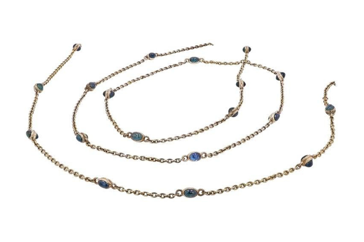SOLD Art Deco Sapphires By the Yard Station Necklace 57" Long 20Kt Yellow Gold