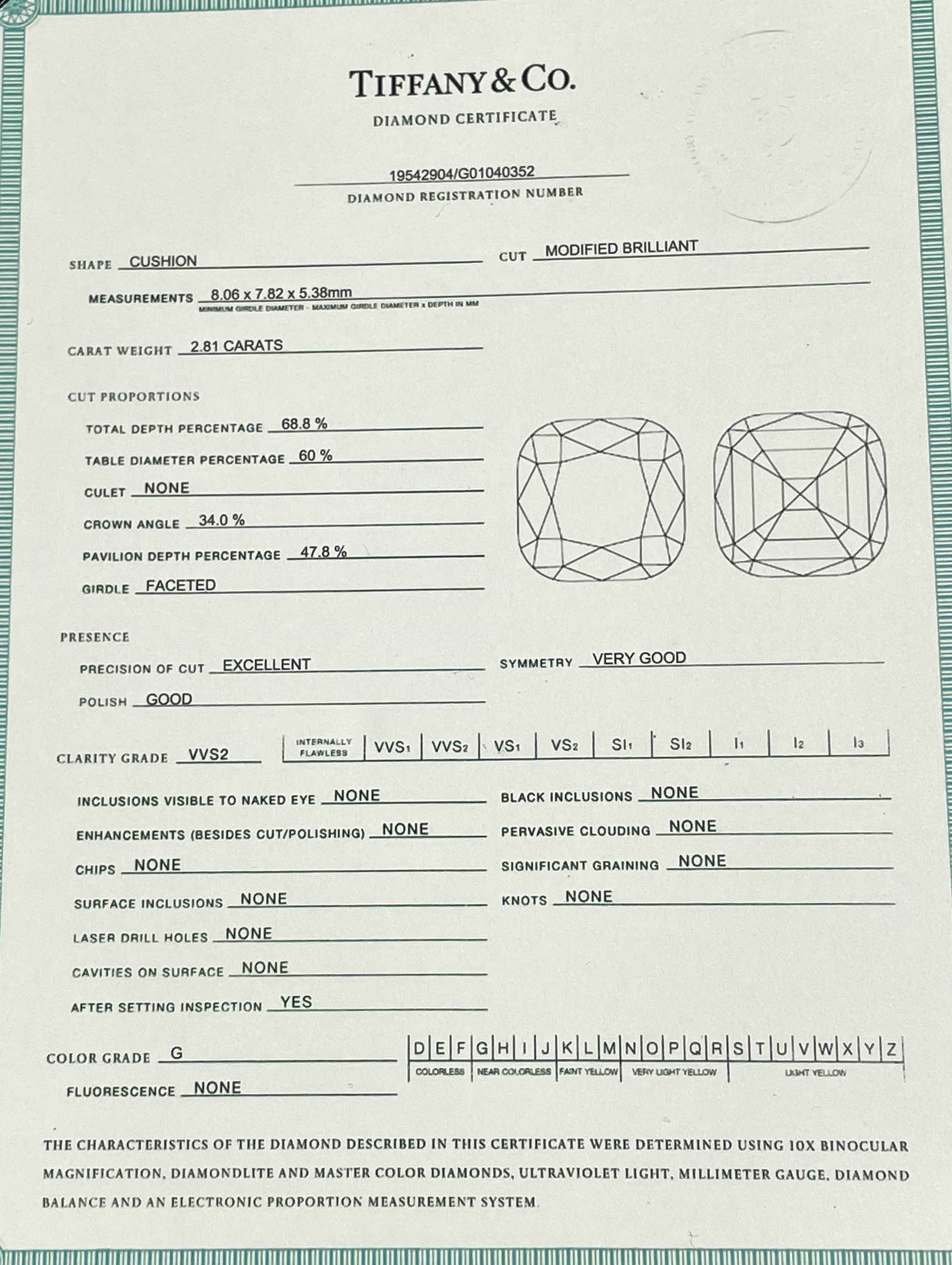 SOLD Tiffany & Co. 2.81 Carat Cushion Diamond Engagement Ring