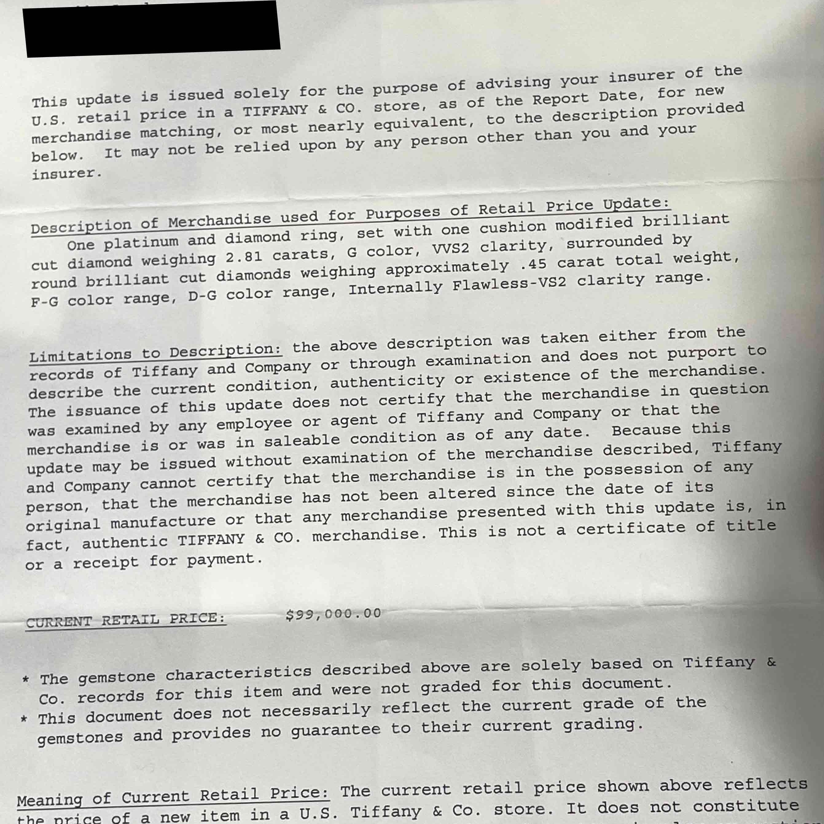 SOLD Tiffany & Co. 2.81 Carat Cushion Diamond Engagement Ring