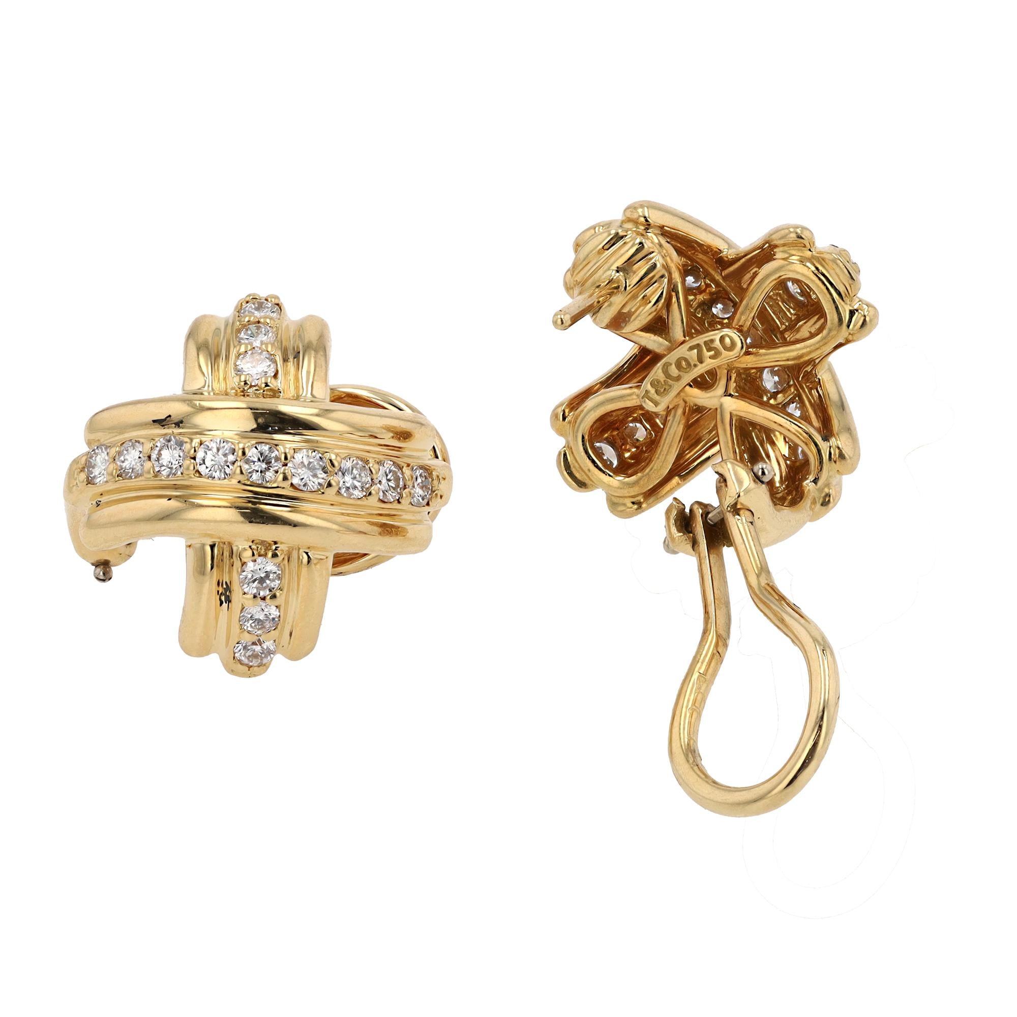 Vintage Tiffany & Co Diamond Signature "X" 18k Gold Earrings Retired Design
