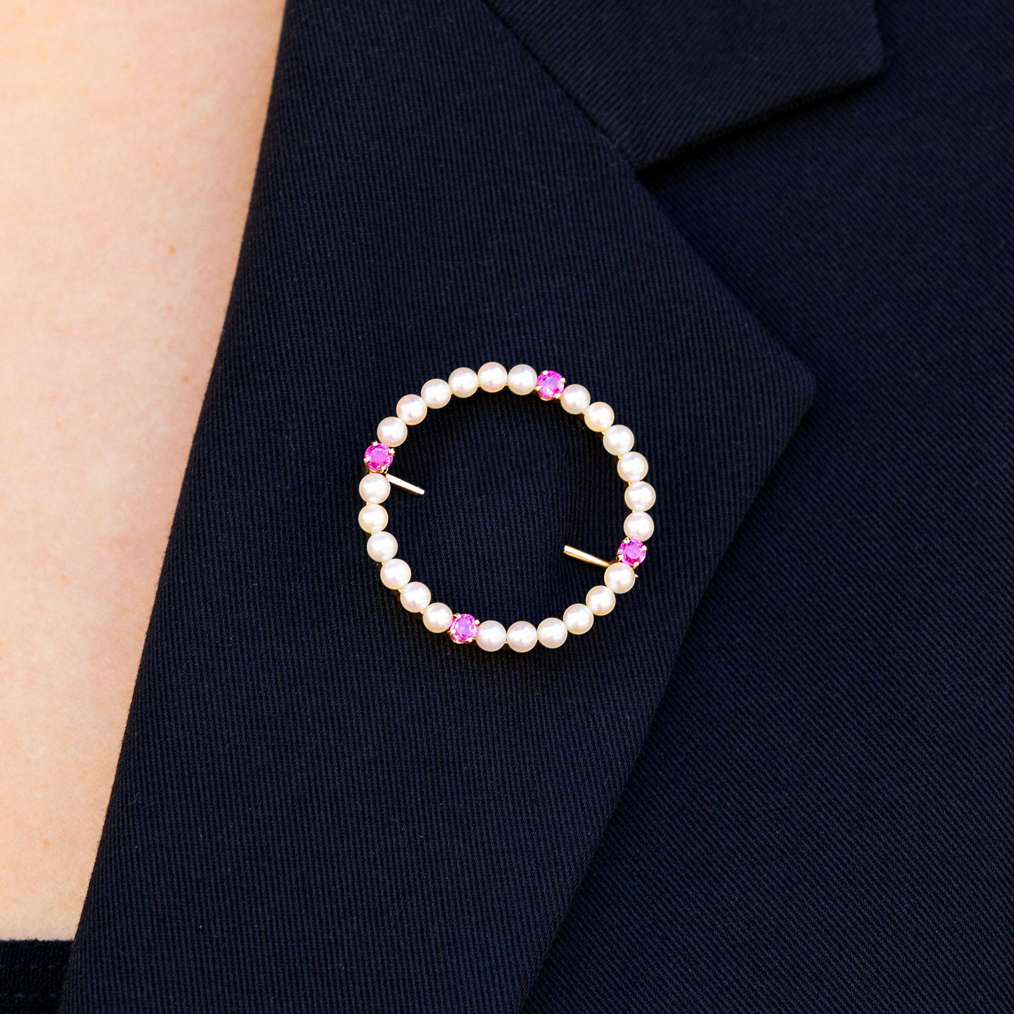 Signed Tiffany & Co Pearl and Pink Sapphire Vintage Circle Pin