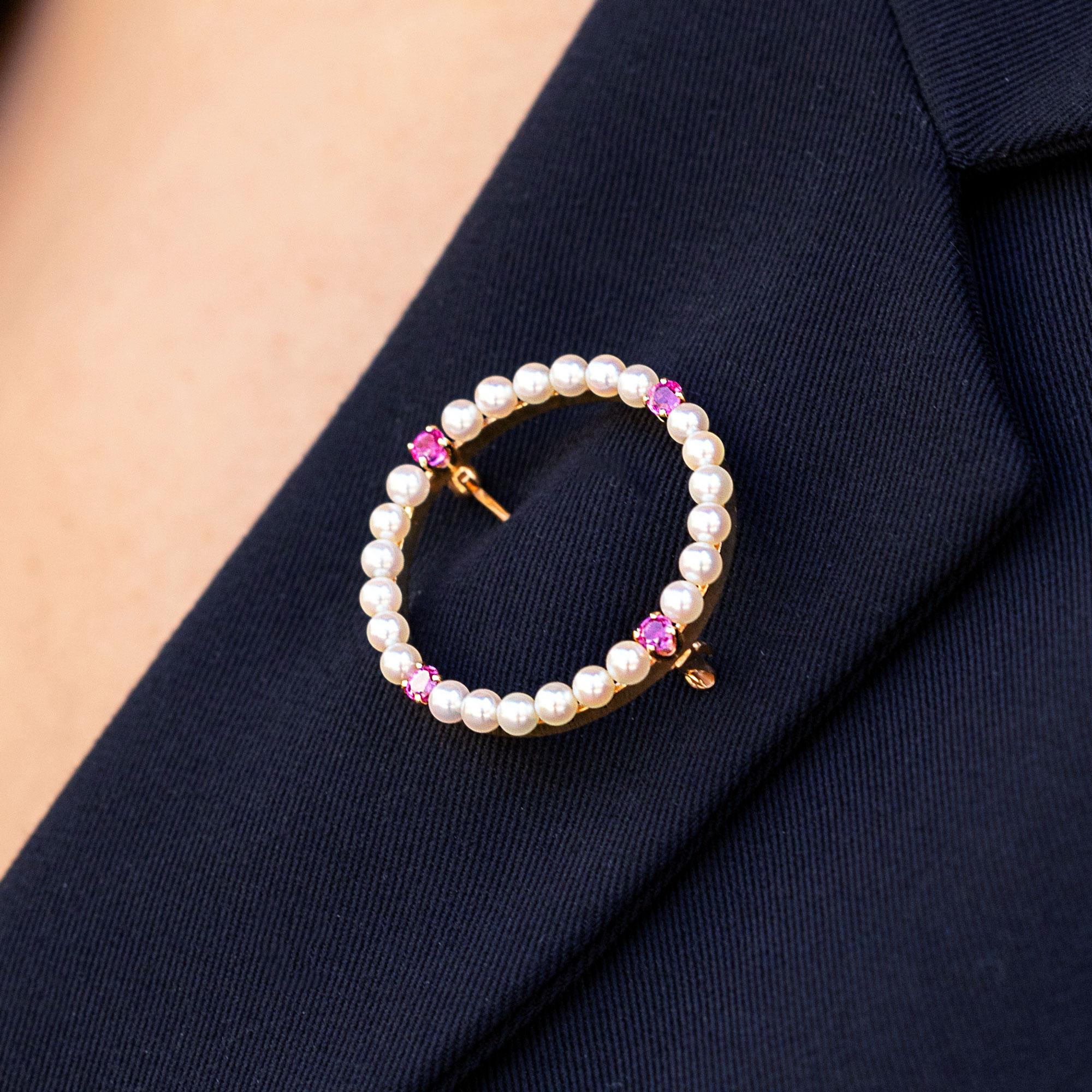 Signed Tiffany & Co Pearl and Pink Sapphire Vintage Circle Pin