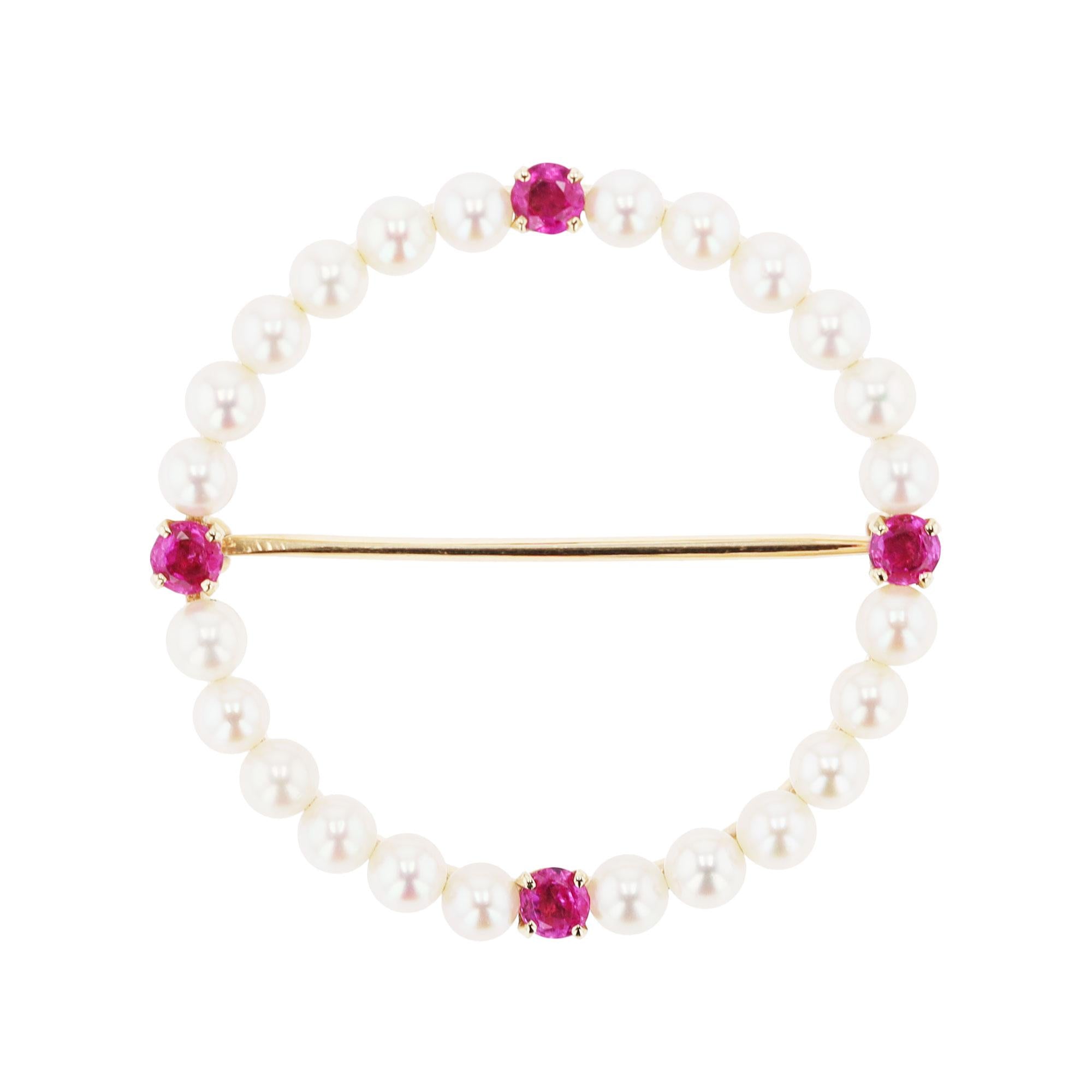 Signed Tiffany & Co Pearl and Pink Sapphire Vintage Circle Pin