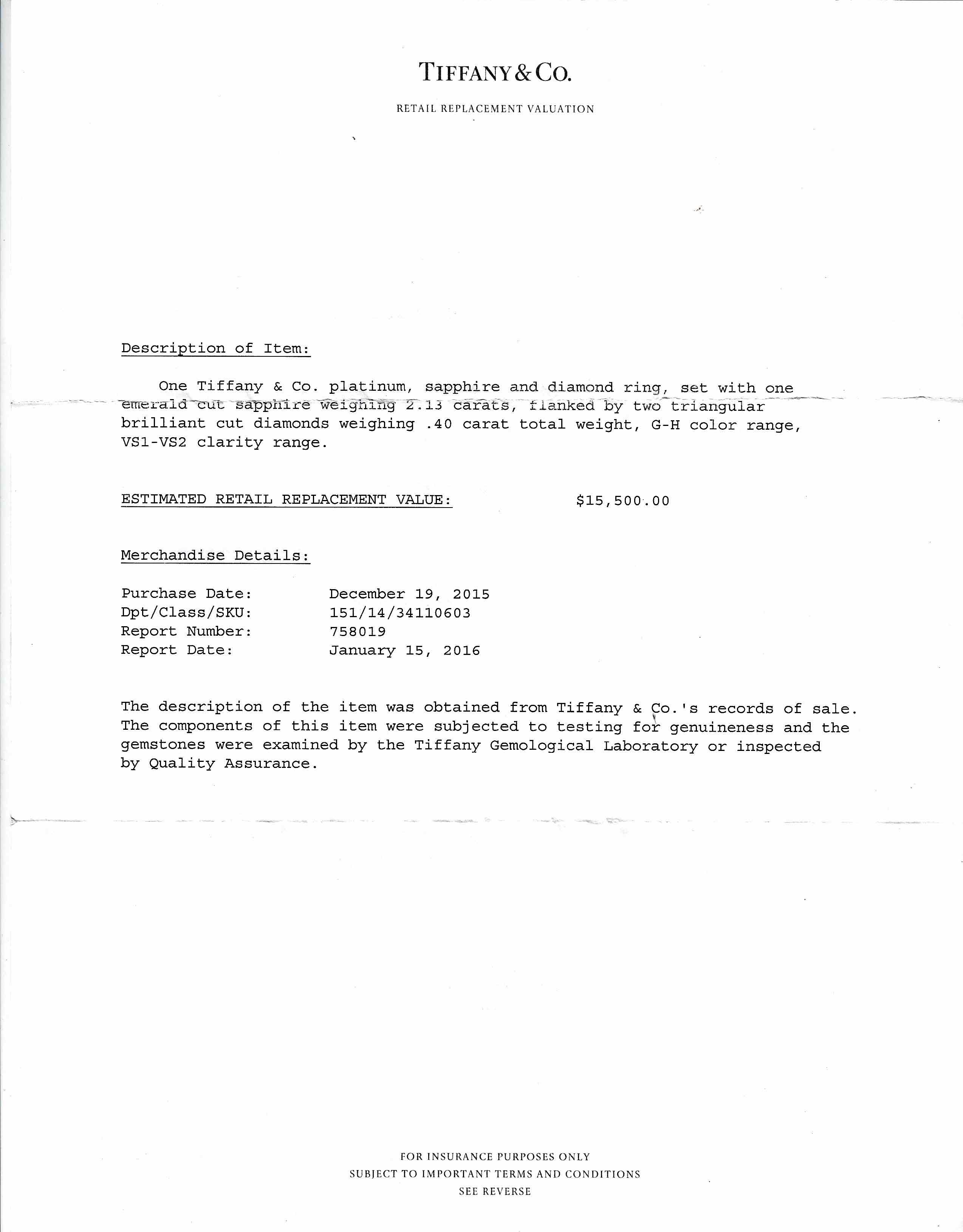 Tiffany & Co. 2.13 Carat Sapphire Engagement Ring