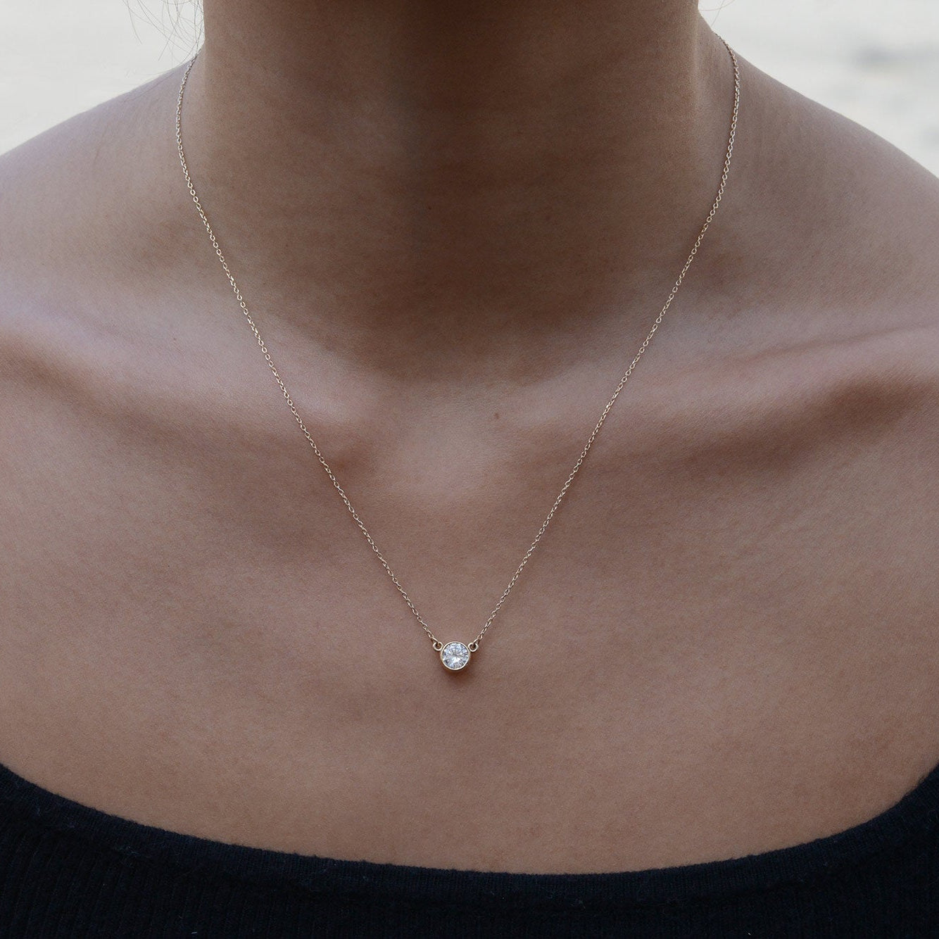 Tiffany Style Yellow Gold Diamond Solitaire Necklace