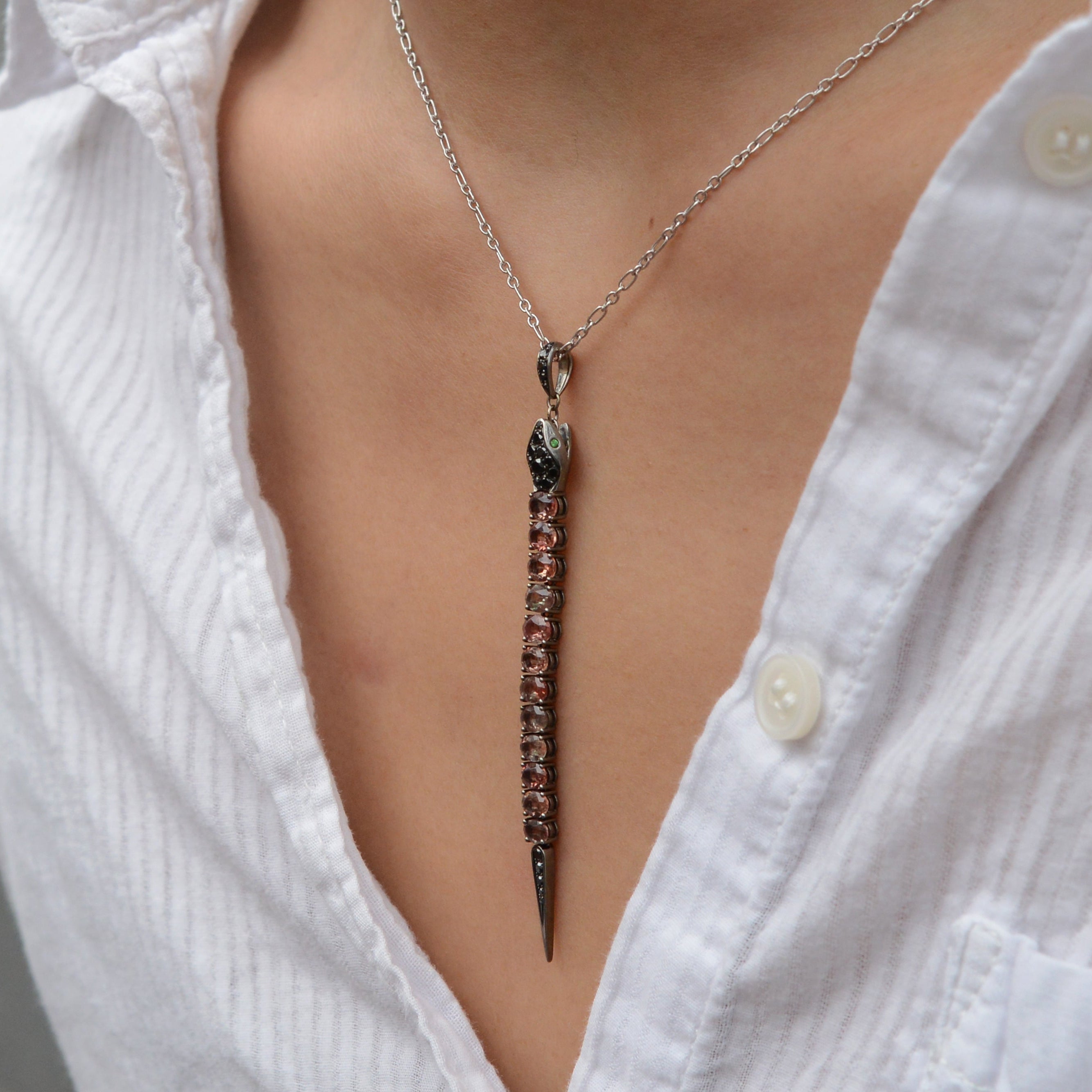 Tourmaline and Black Diamond Snake Pendant