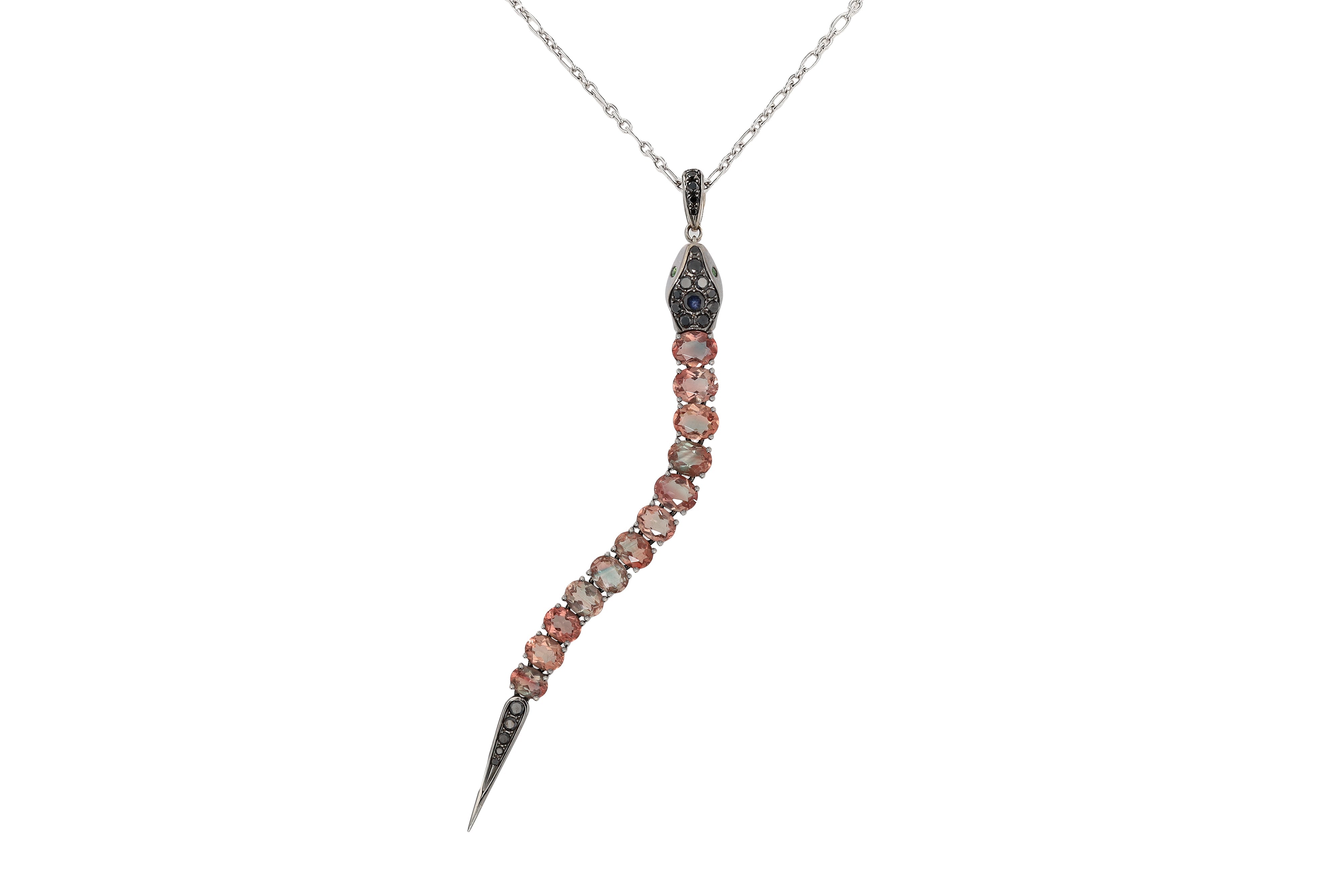 Tourmaline and Black Diamond Snake Pendant