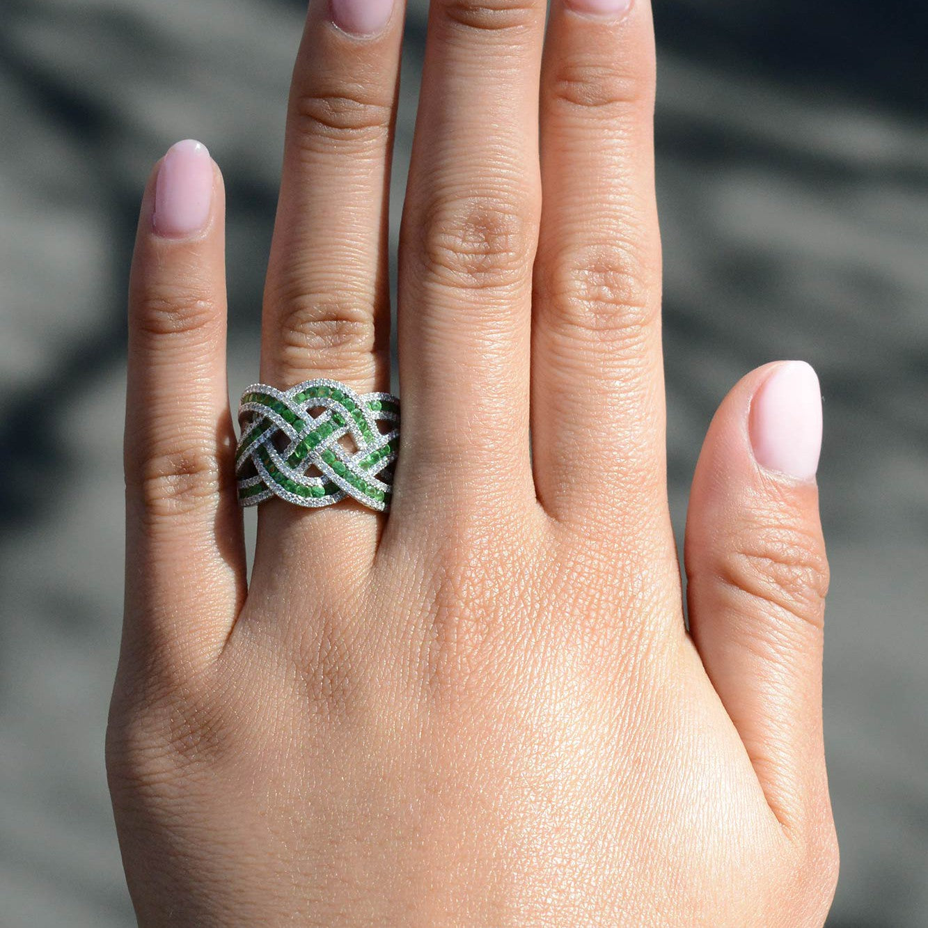 Tsavorite & Diamond Wide Woven Cigar Band