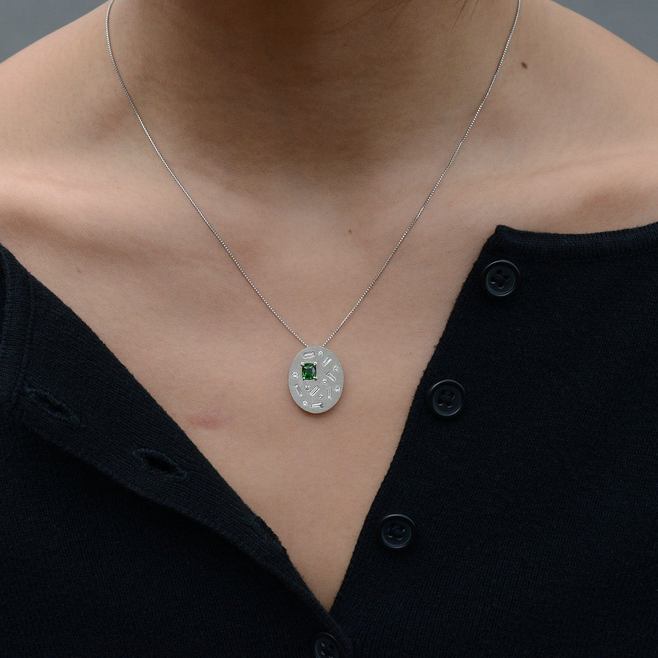 Tsavorite Garnet and Diamond Modernist Necklace