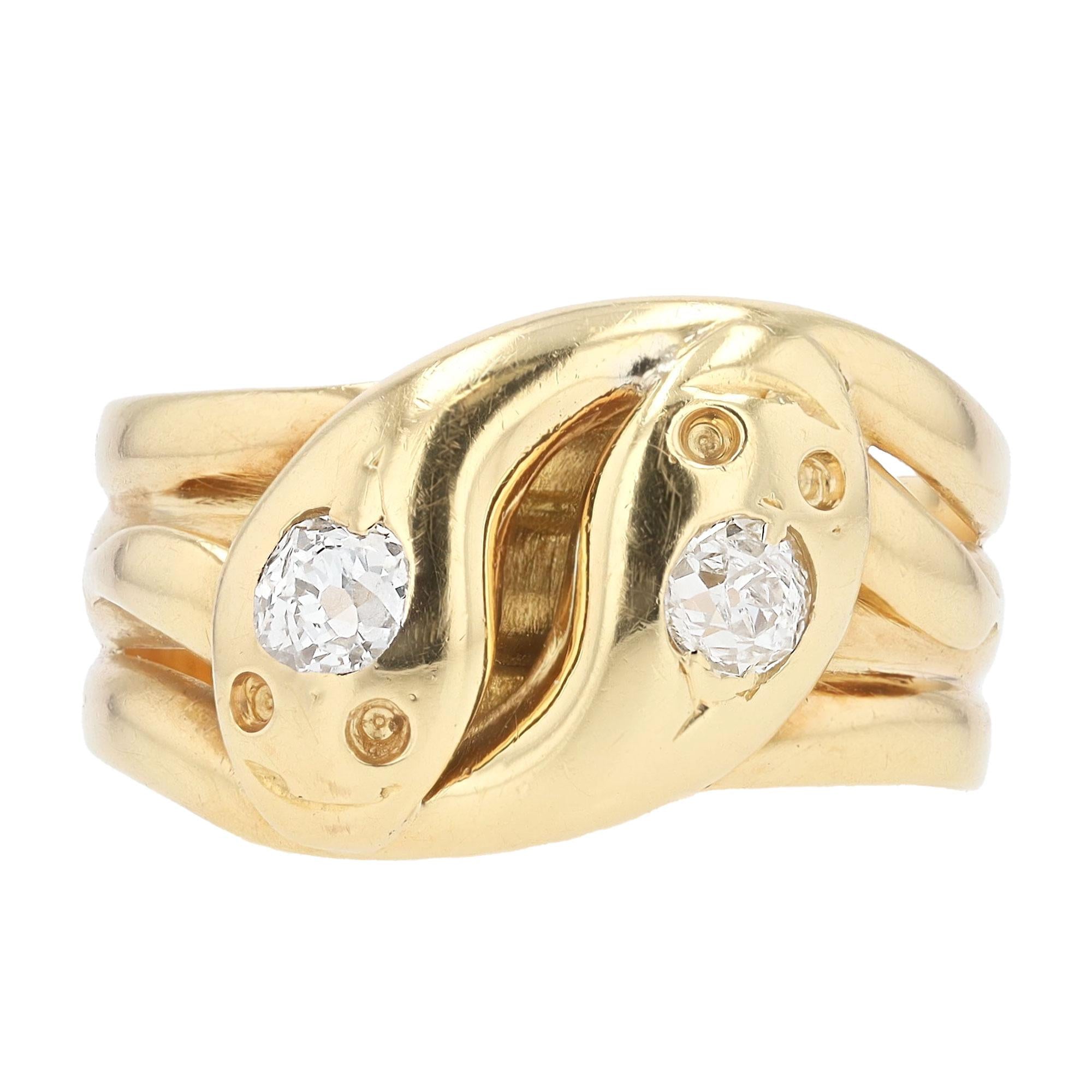 Romantic Victorian Old Mine Cut Diamond Double Snake Ring