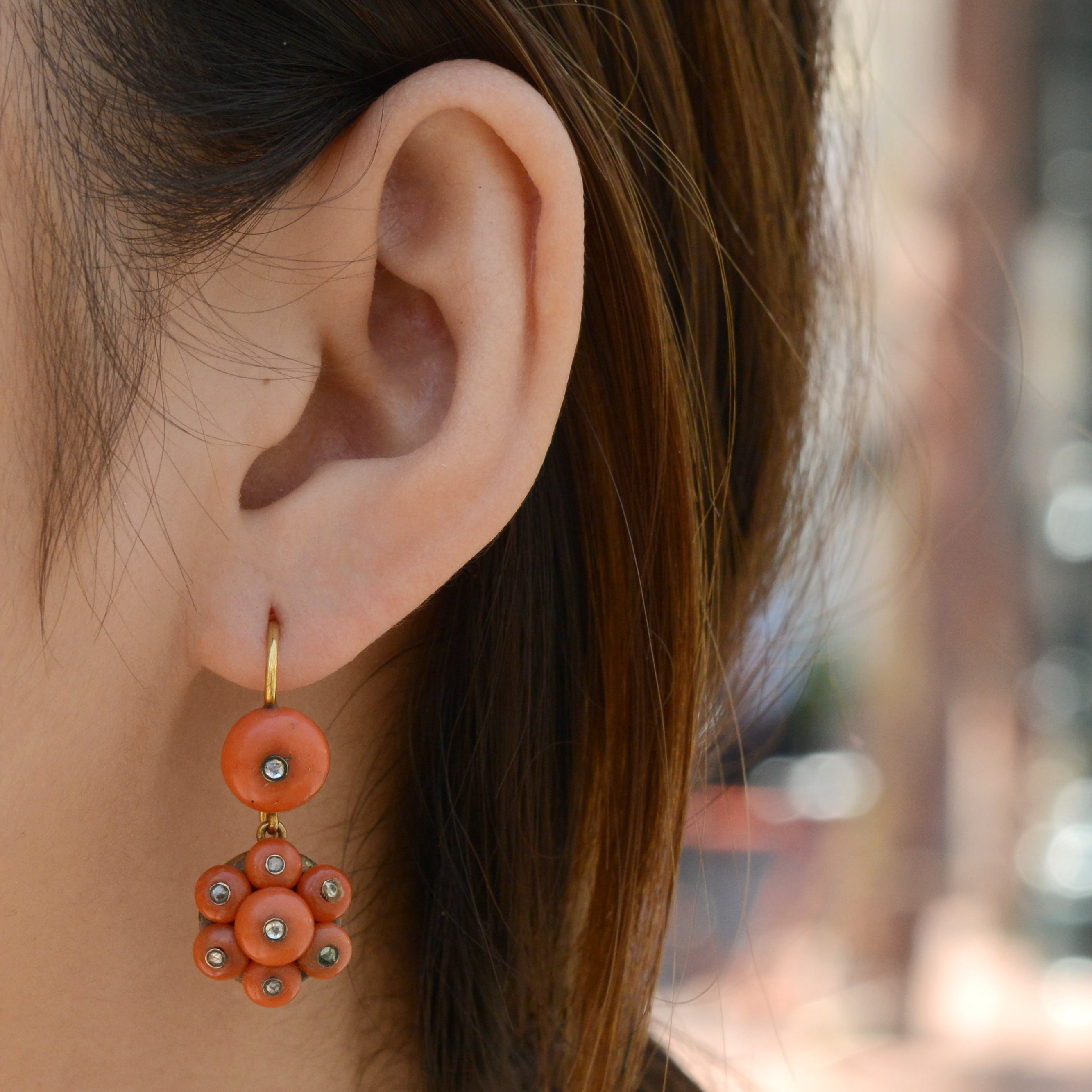 Victorian Coral and Rose Cut Diamond Drop Earrings