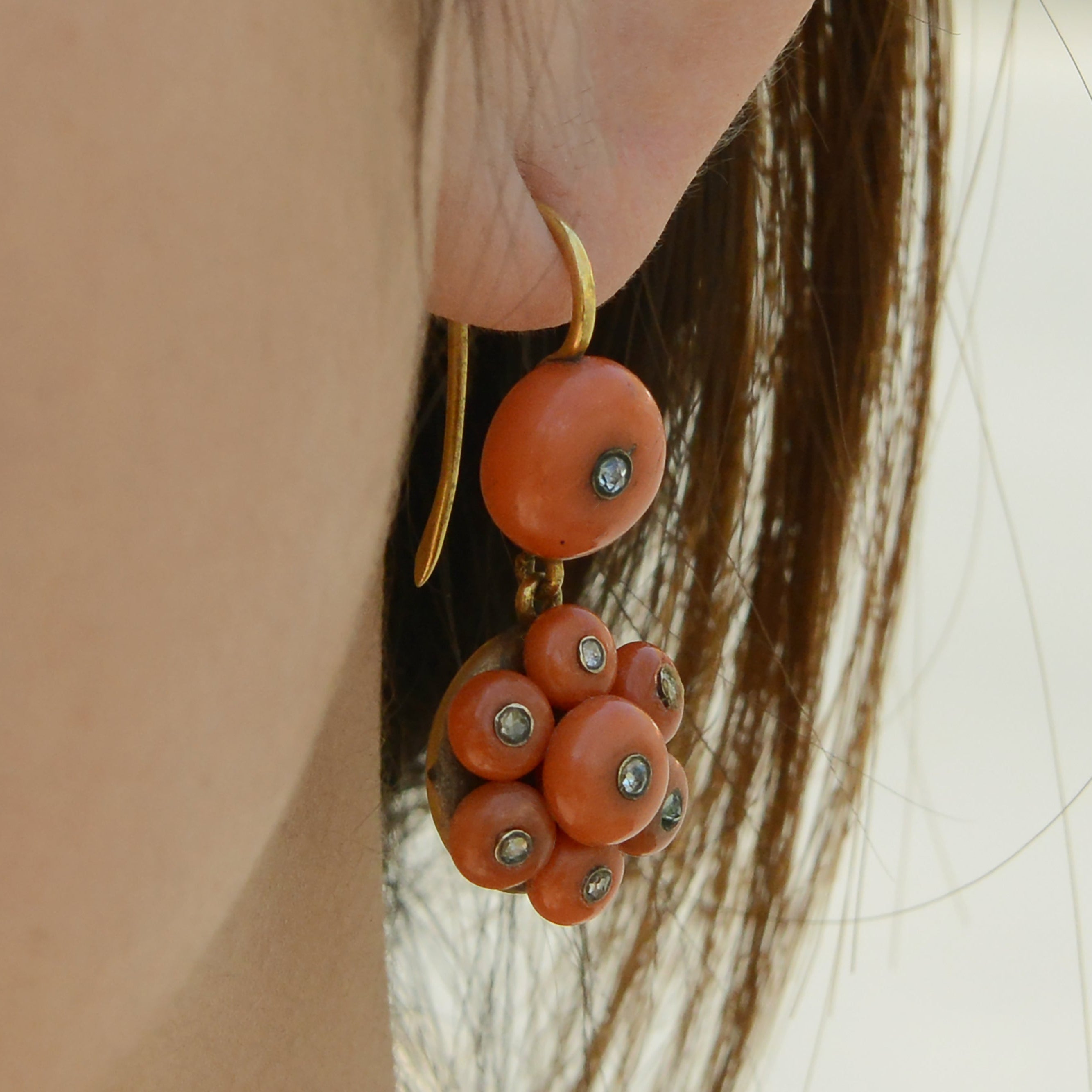 Victorian Coral and Rose Cut Diamond Drop Earrings