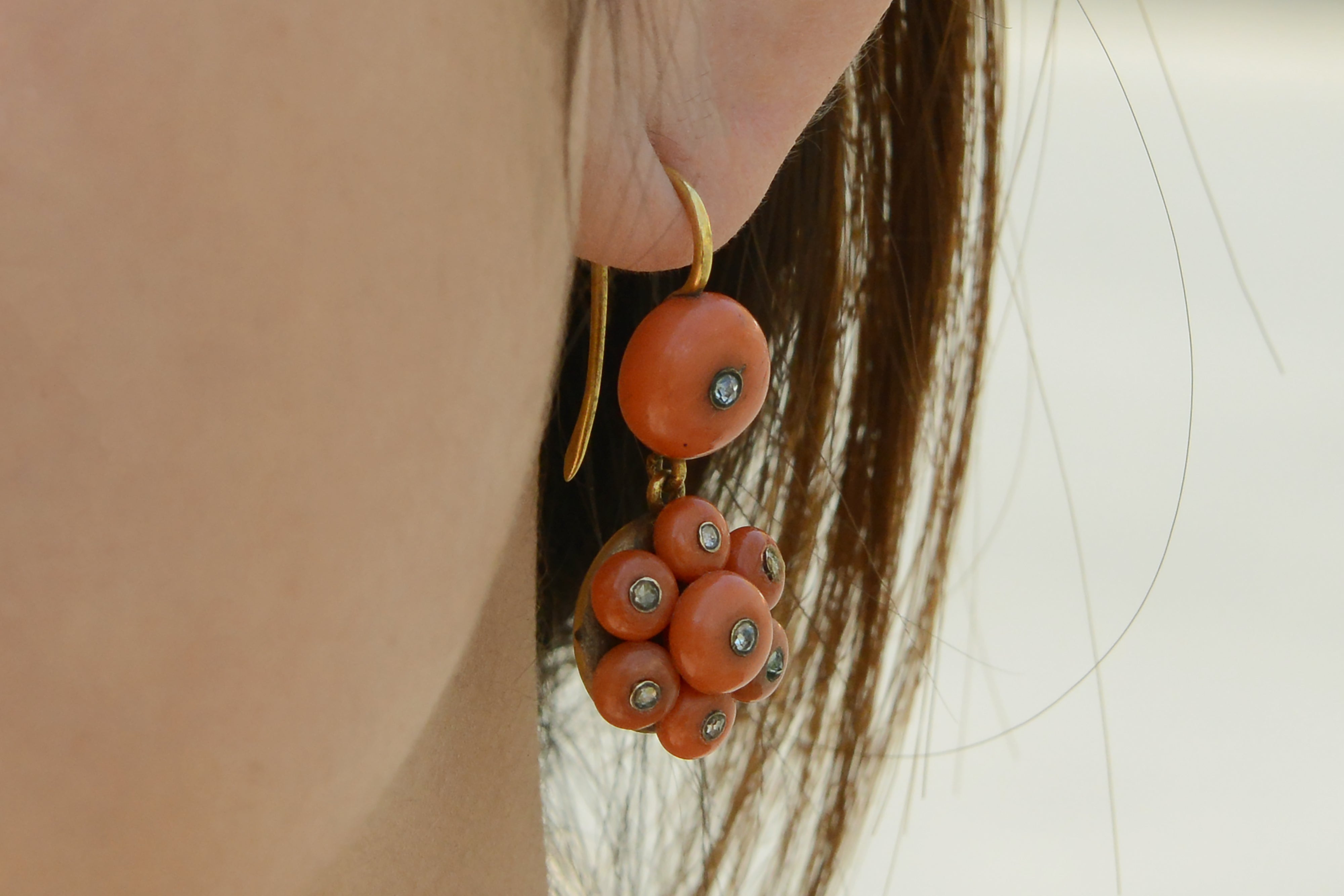Victorian Coral and Rose Cut Diamond Drop Earrings