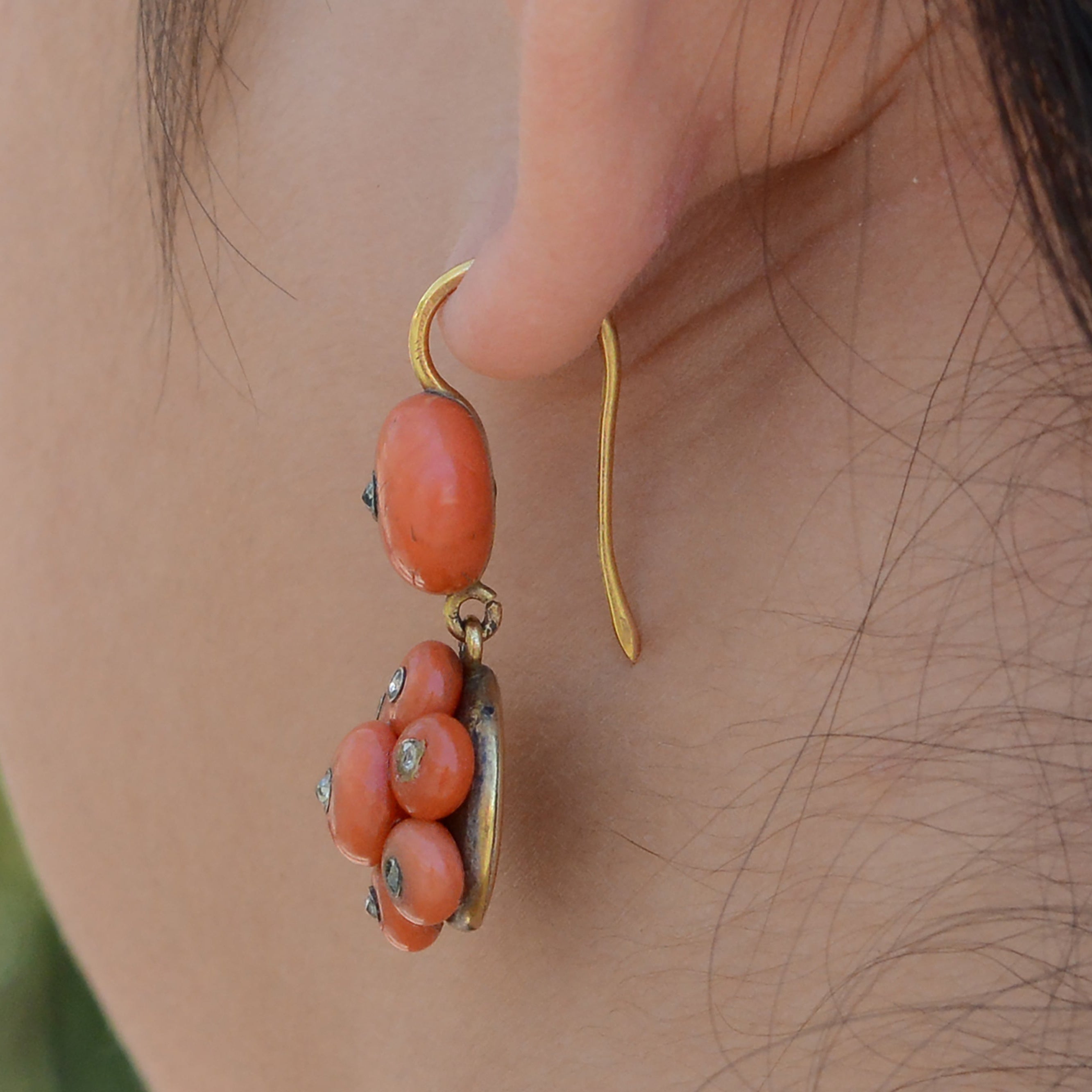 Victorian Coral and Rose Cut Diamond Drop Earrings