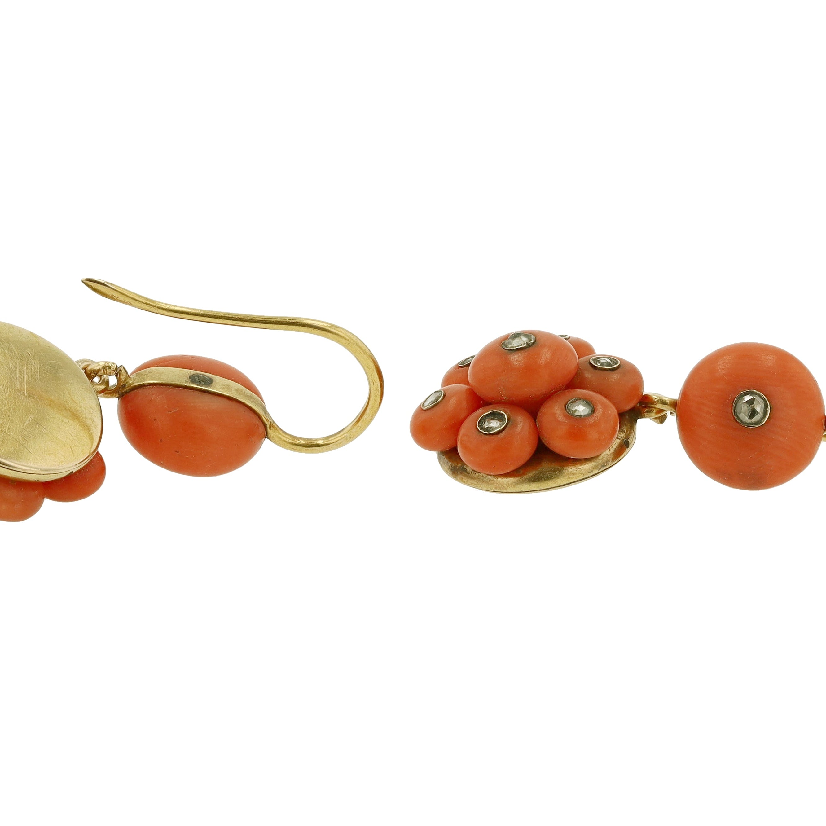 Victorian Coral and Rose Cut Diamond Drop Earrings