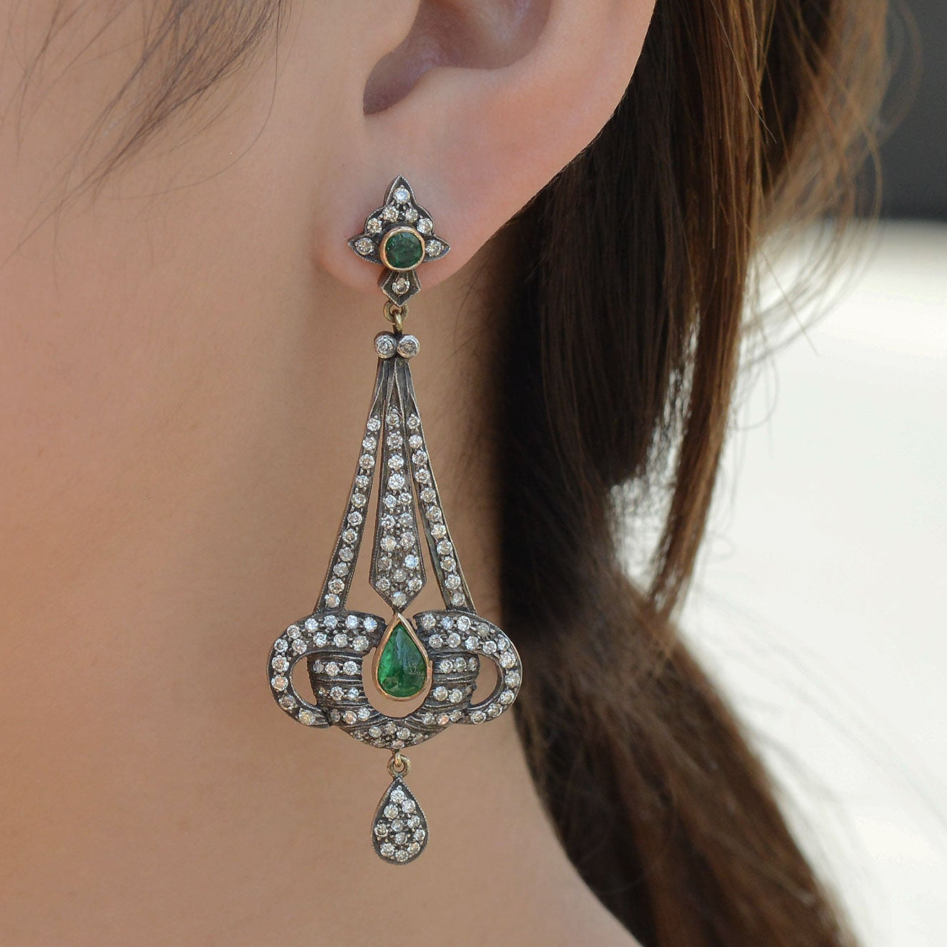 Victorian Revival Diamond and Emerald Chandelier Earrings