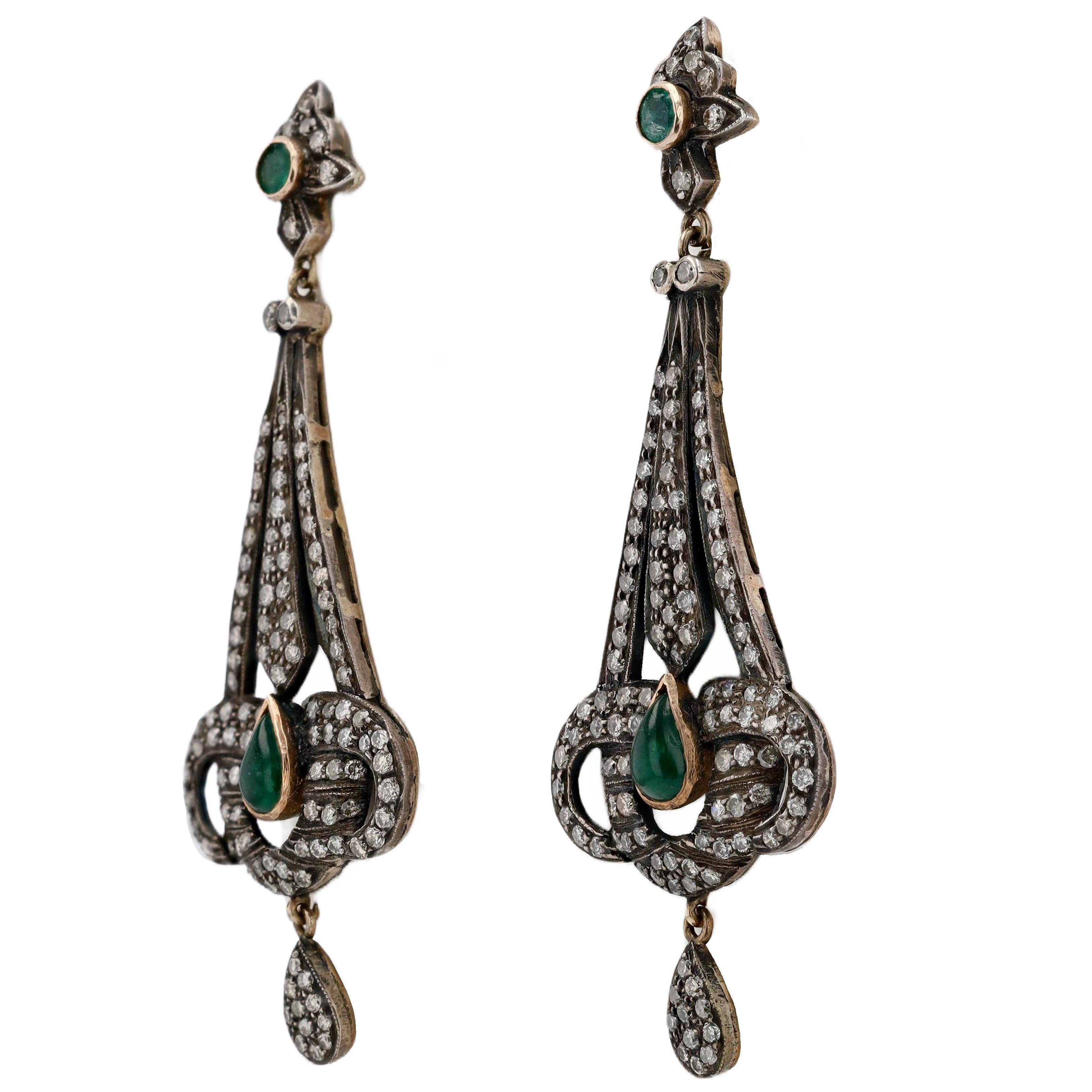 Victorian Revival Diamond and Emerald Chandelier Earrings