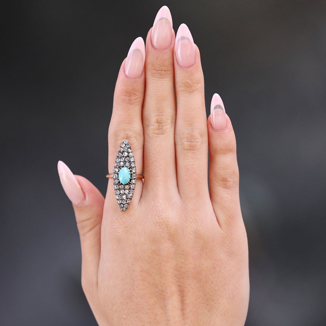 Victorian Vintage Turquoise and Diamond Navette Ring