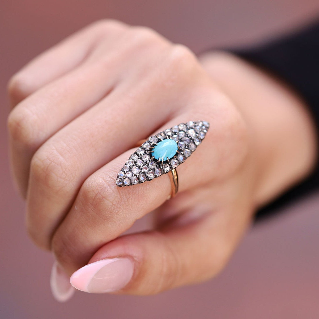 Victorian Vintage Turquoise and Diamond Navette Ring