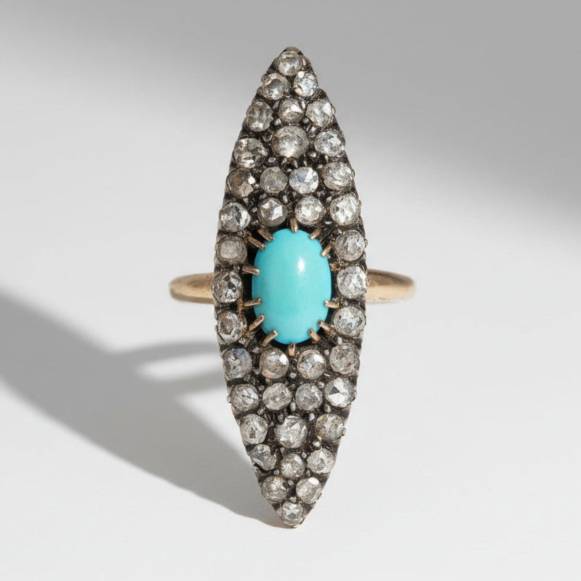 Victorian Vintage Turquoise and Diamond Navette Ring
