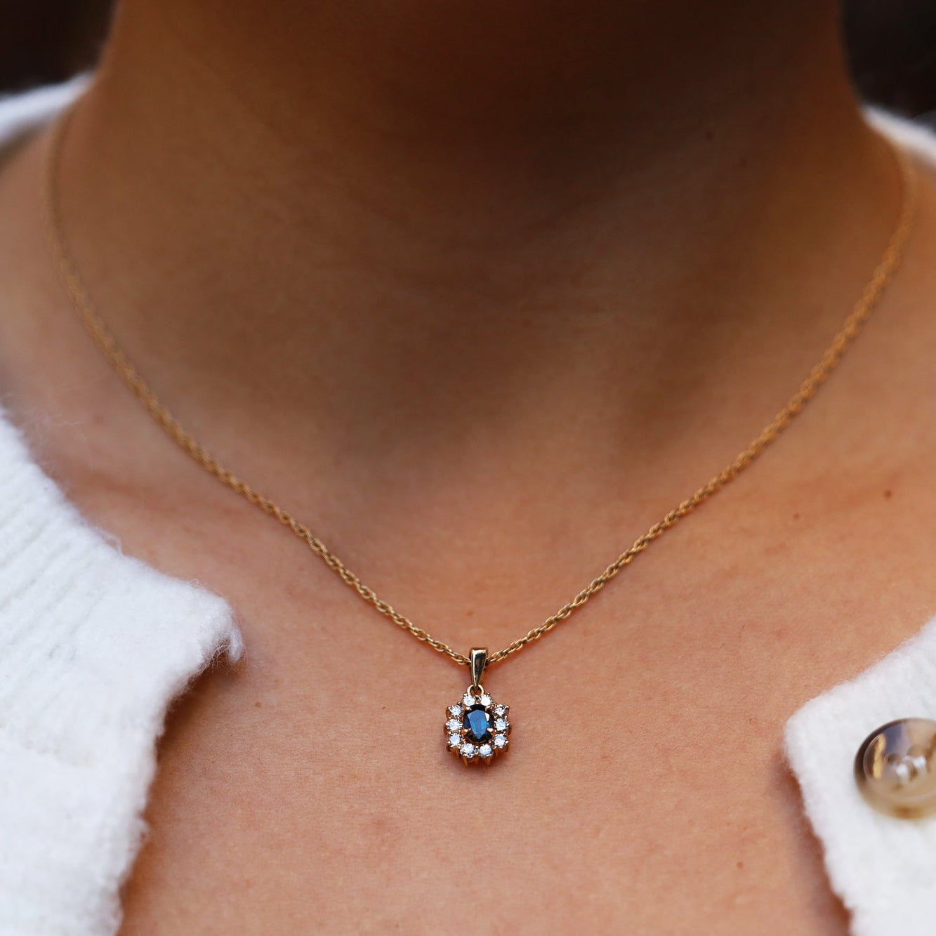 Vintage 0.48 Carat Blue Sapphire and Diamond Halo Necklace