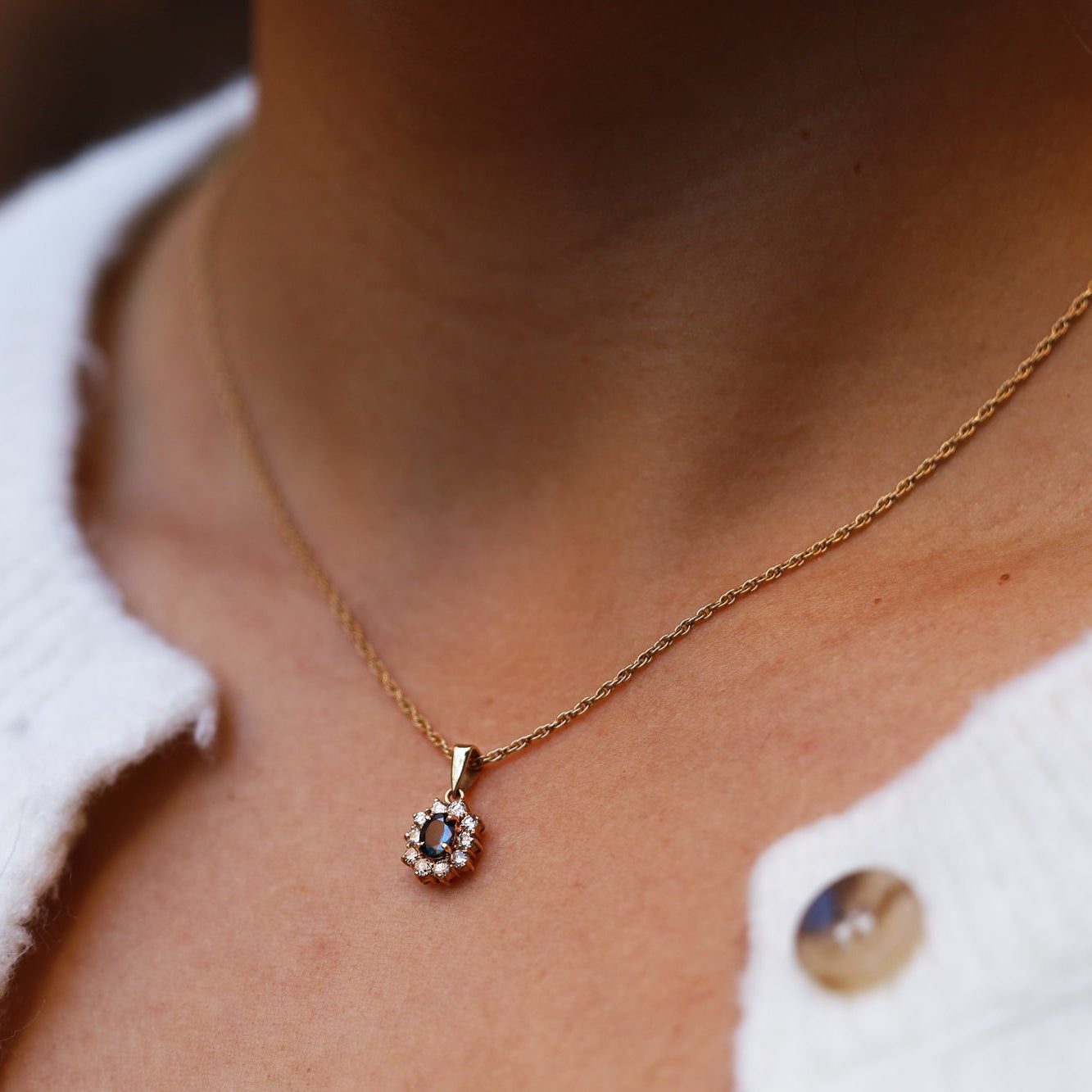 Vintage 0.48 Carat Blue Sapphire and Diamond Halo Necklace