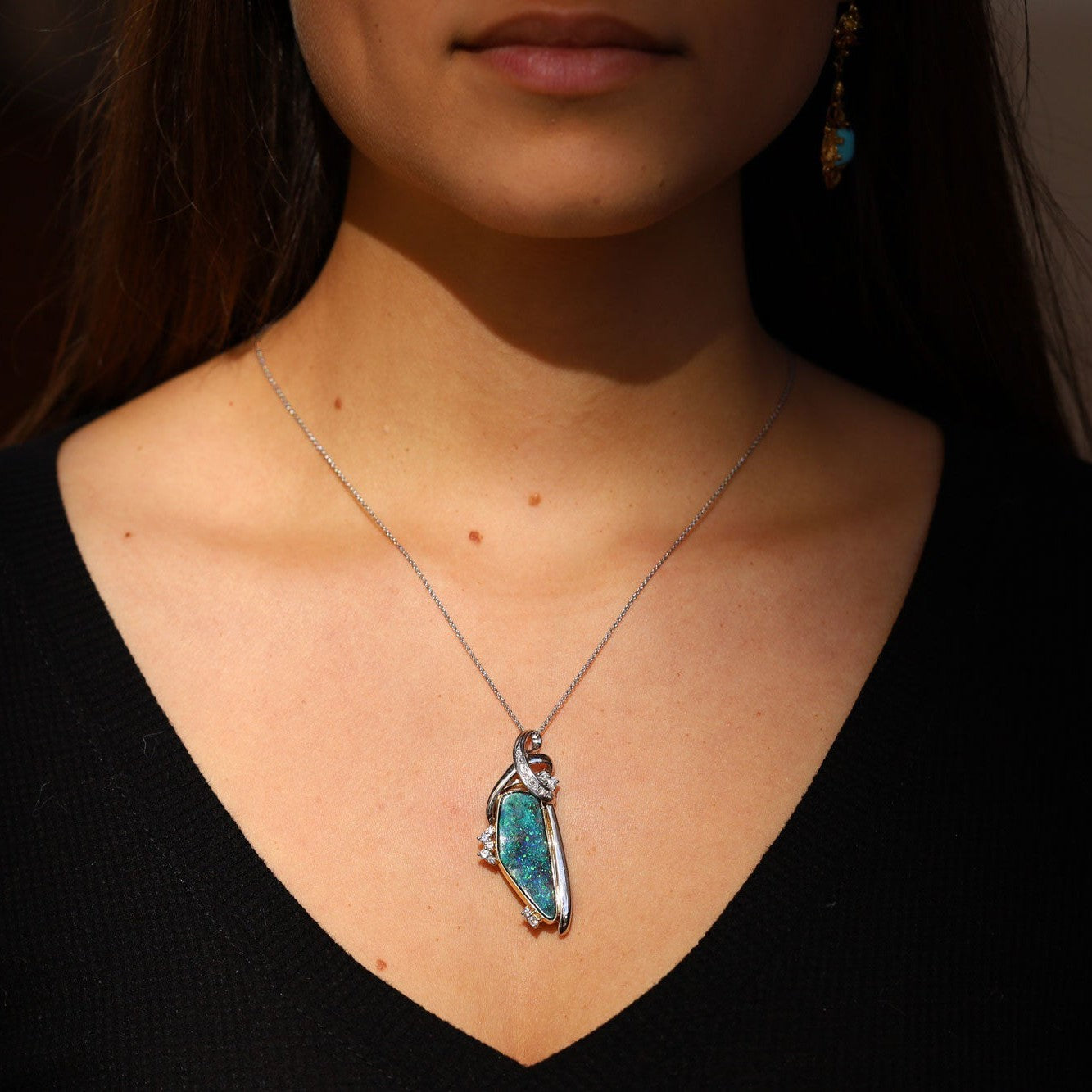 Vintage 10.74 Carat Boulder Opal and Diamond Pendant Necklace