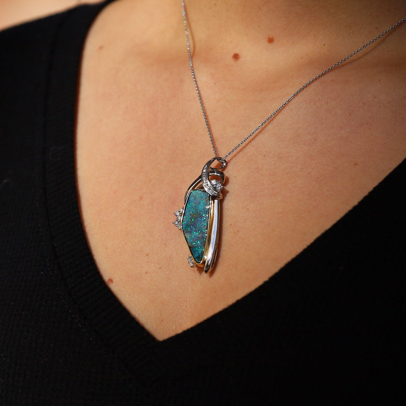 Vintage 10.74 Carat Boulder Opal and Diamond Pendant Necklace