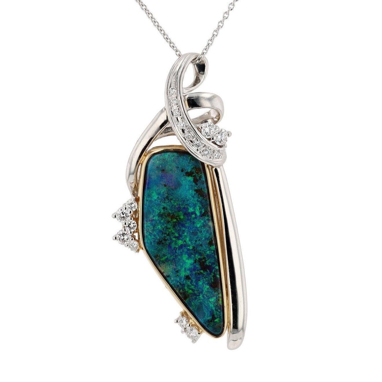 Vintage 10.74 Carat Boulder Opal and Diamond Pendant Necklace