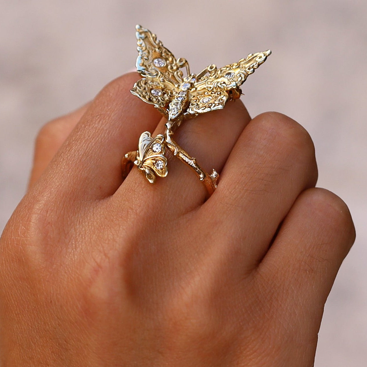 Vintage 14k & Diamond Butterfly Ring with Pin Conversion