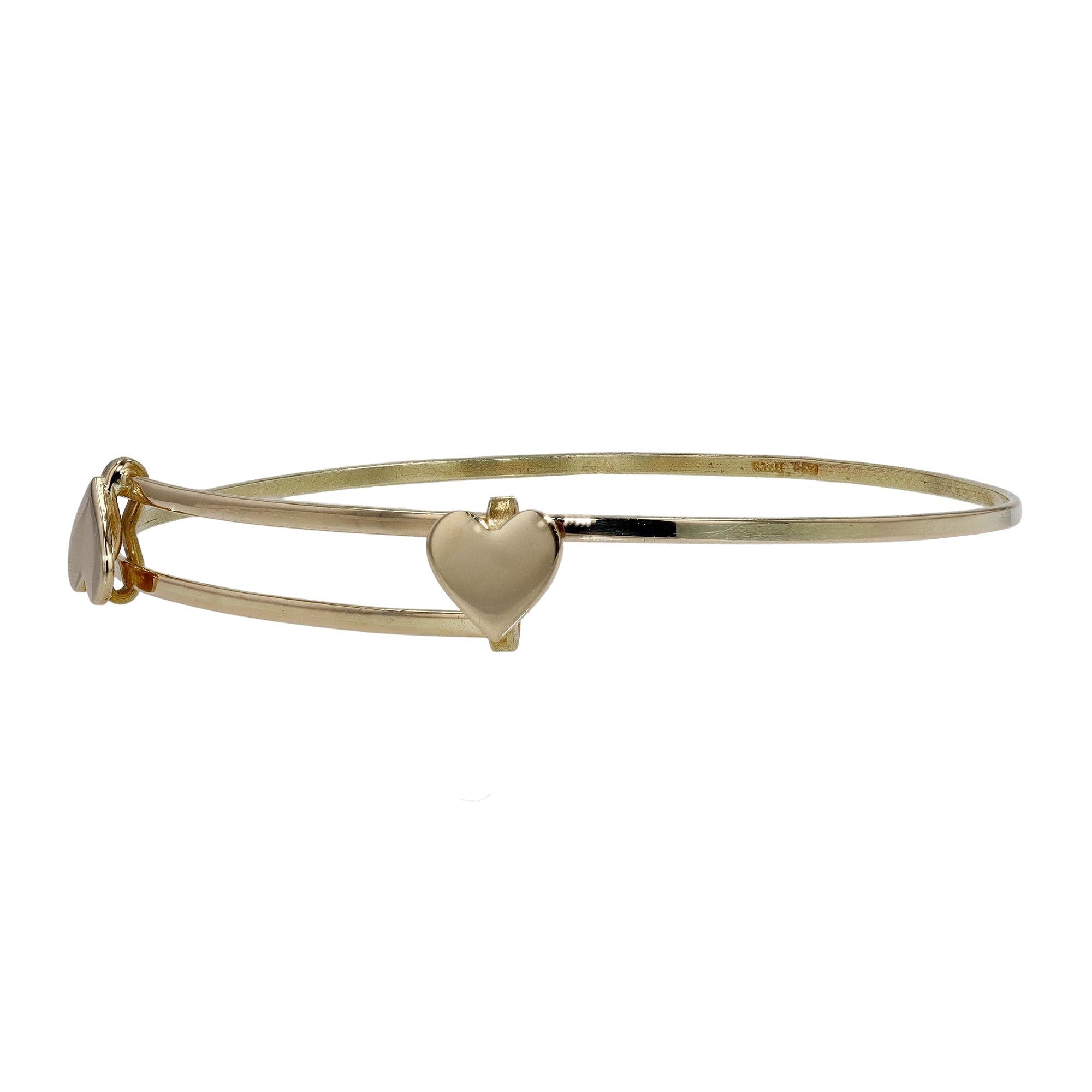 Vintage 14k Yellow Gold Adjustable Twin Heart Bangle Bracelet