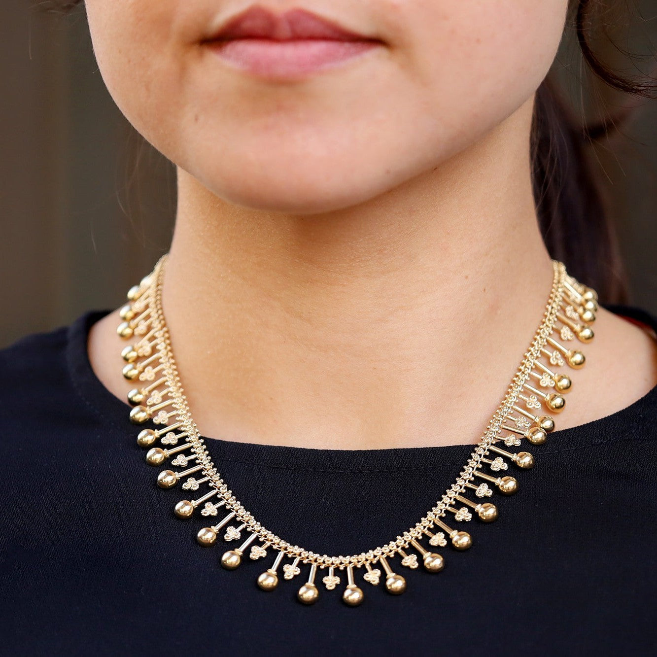 Vintage 14K Yellow Gold Cannetille Beaded Gala Necklace