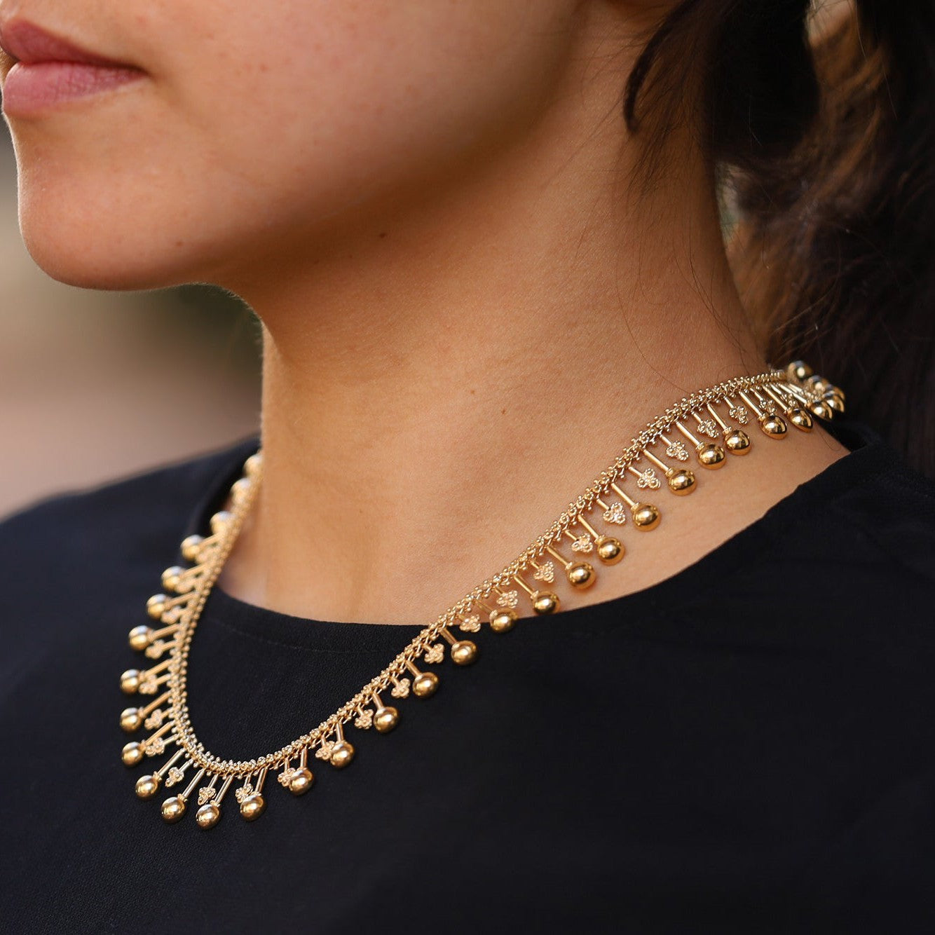 Vintage 14K Yellow Gold Cannetille Beaded Gala Necklace