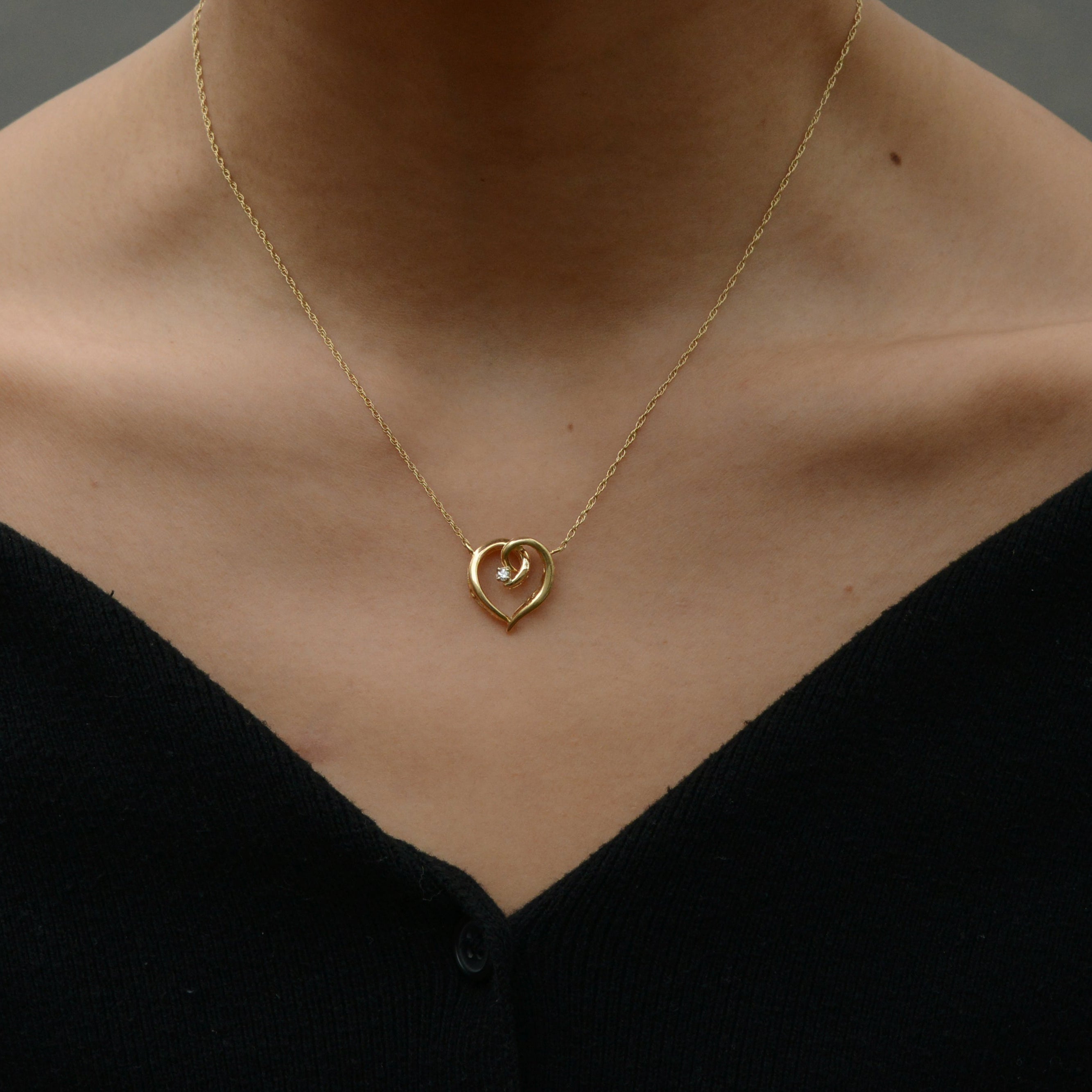 Vintage 14k Yellow Gold Diamond Heart Necklace