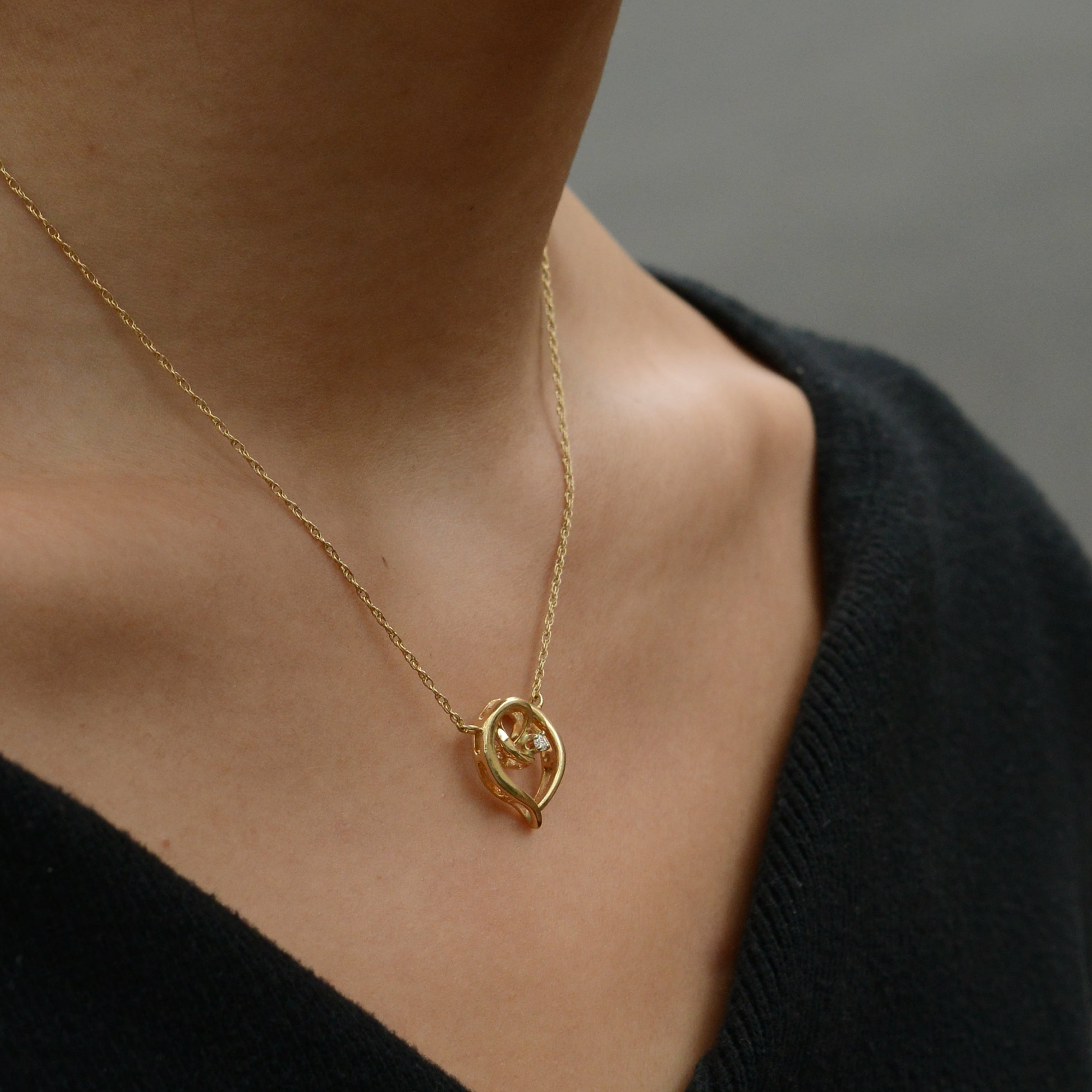 Vintage 14k Yellow Gold Diamond Heart Necklace