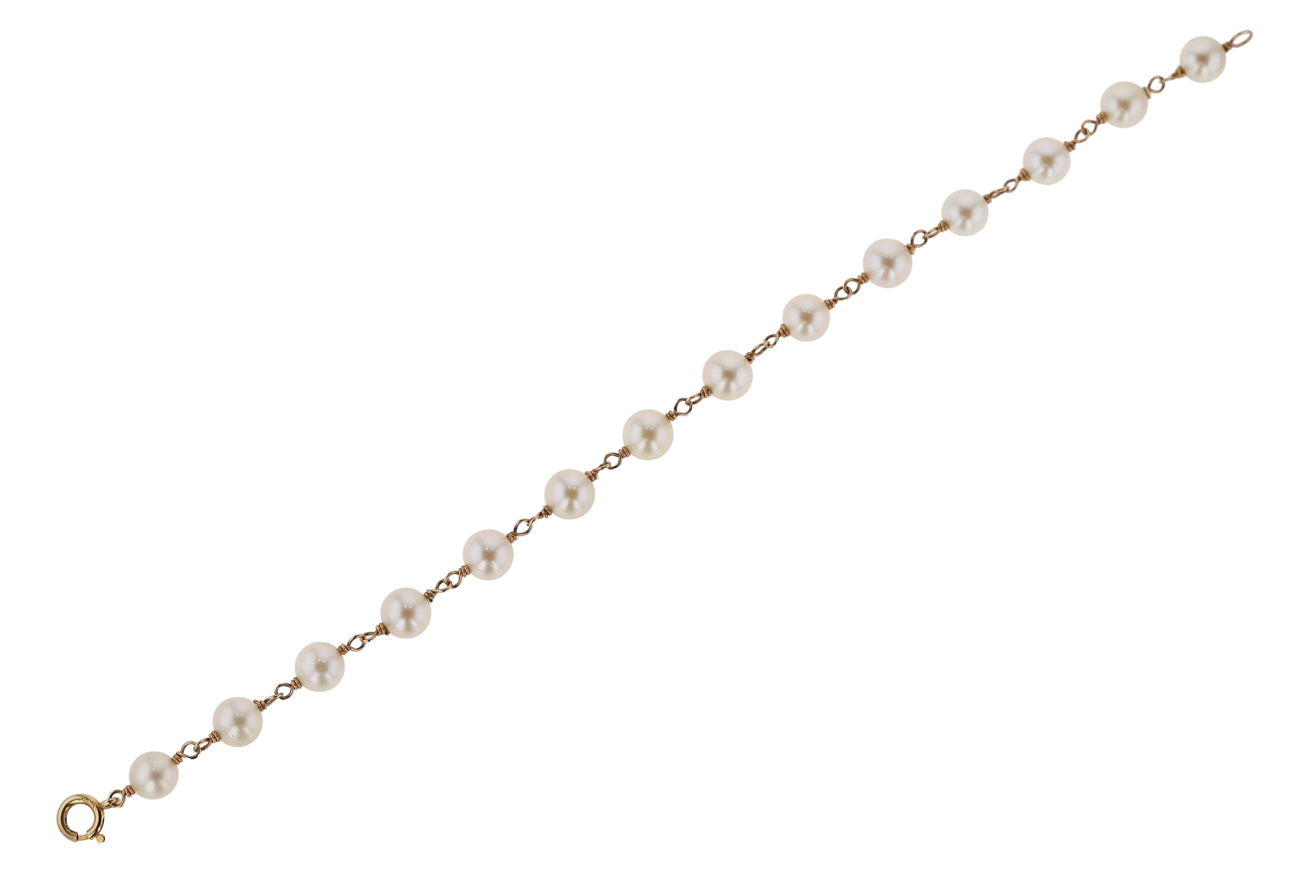 Vintage 14k Yellow Gold Pearl Station Bracelet