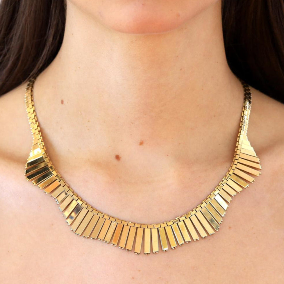 Bold Italian Gold Vintage 18k Fringed Cleopatra Bib Necklace