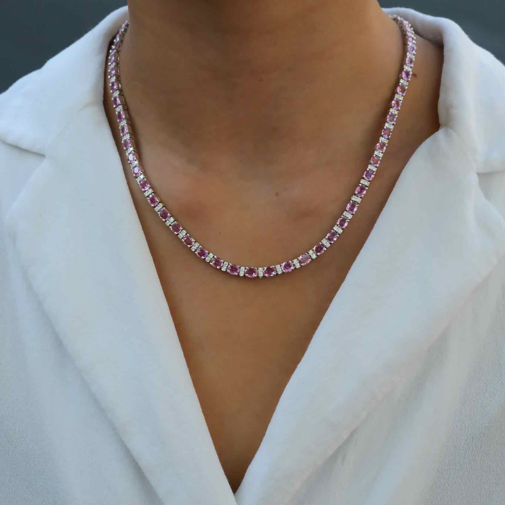 Vintage 1990s Estate 23 Carats Pink Sapphire and Diamond Riviera Necklace