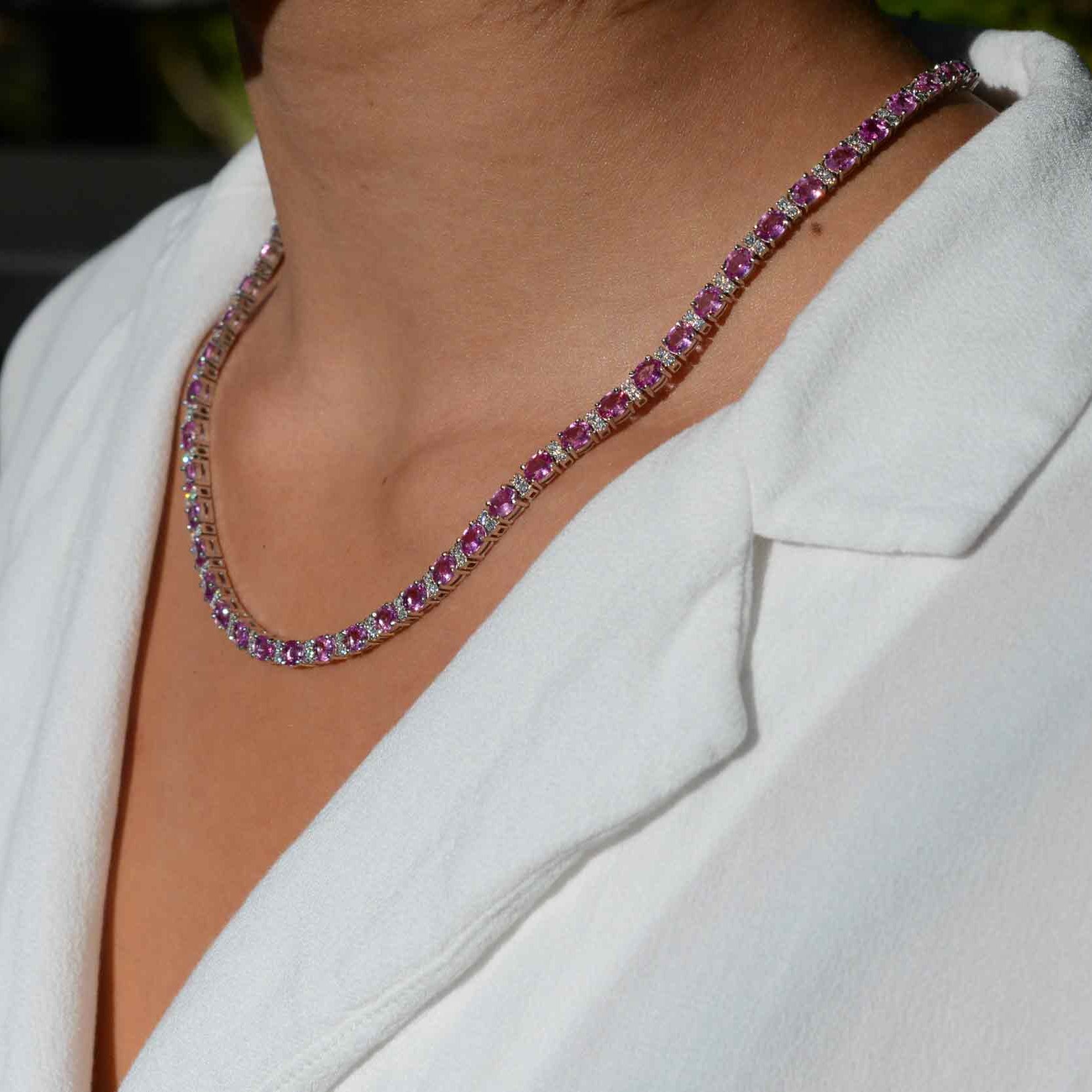 Vintage 1990s Estate 23 Carats Pink Sapphire and Diamond Riviera Necklace