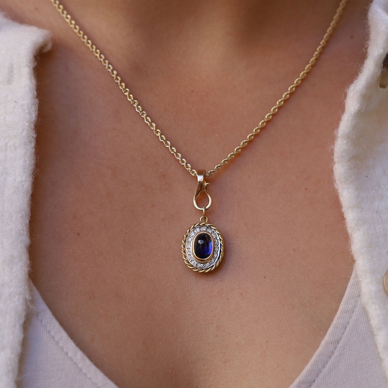Vintage 2.50 Carat Cabochon Sapphire and Diamond Pendant Enhancer Necklace