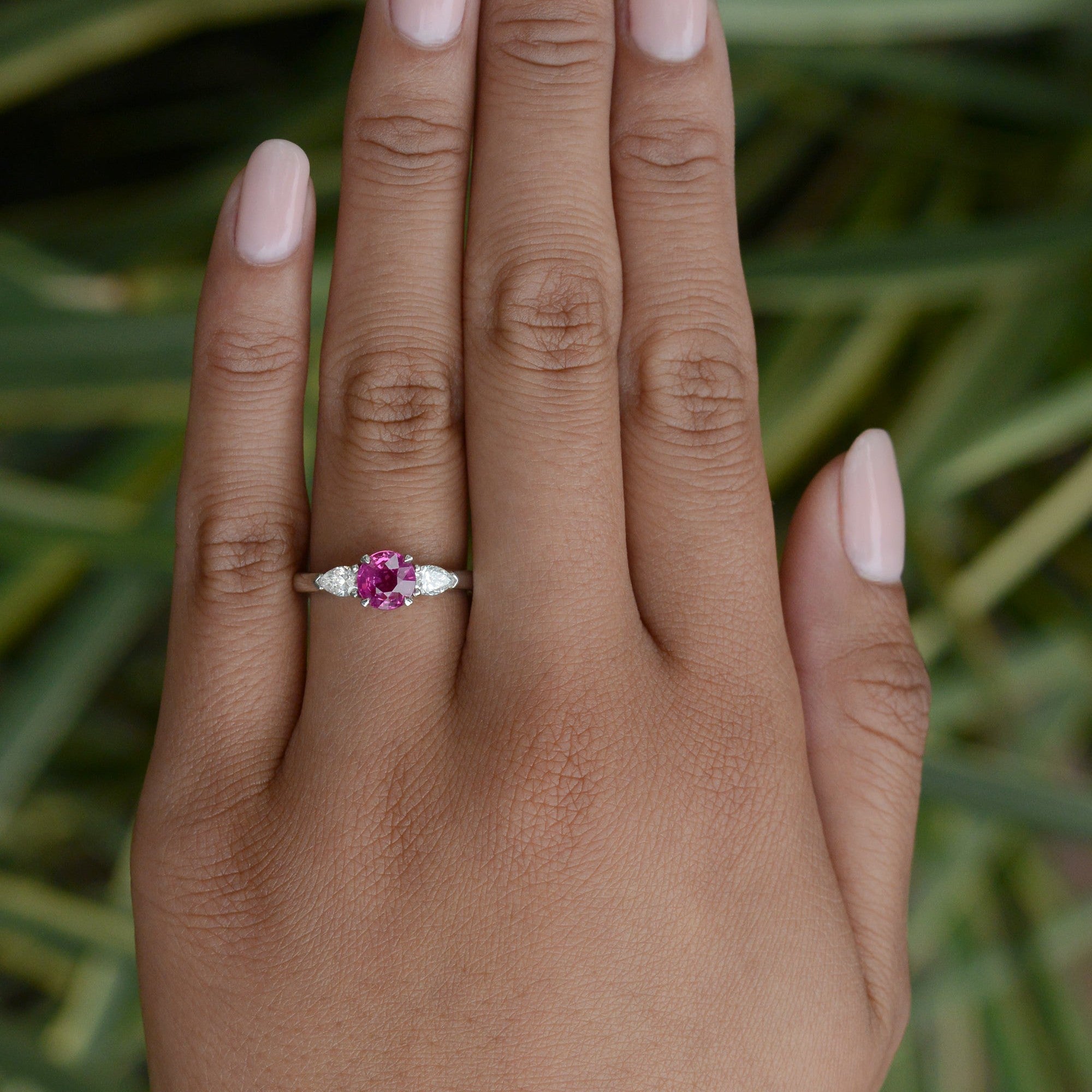 Vintage 3 Stone Ruby Diamond Gemstone Engagement Ring