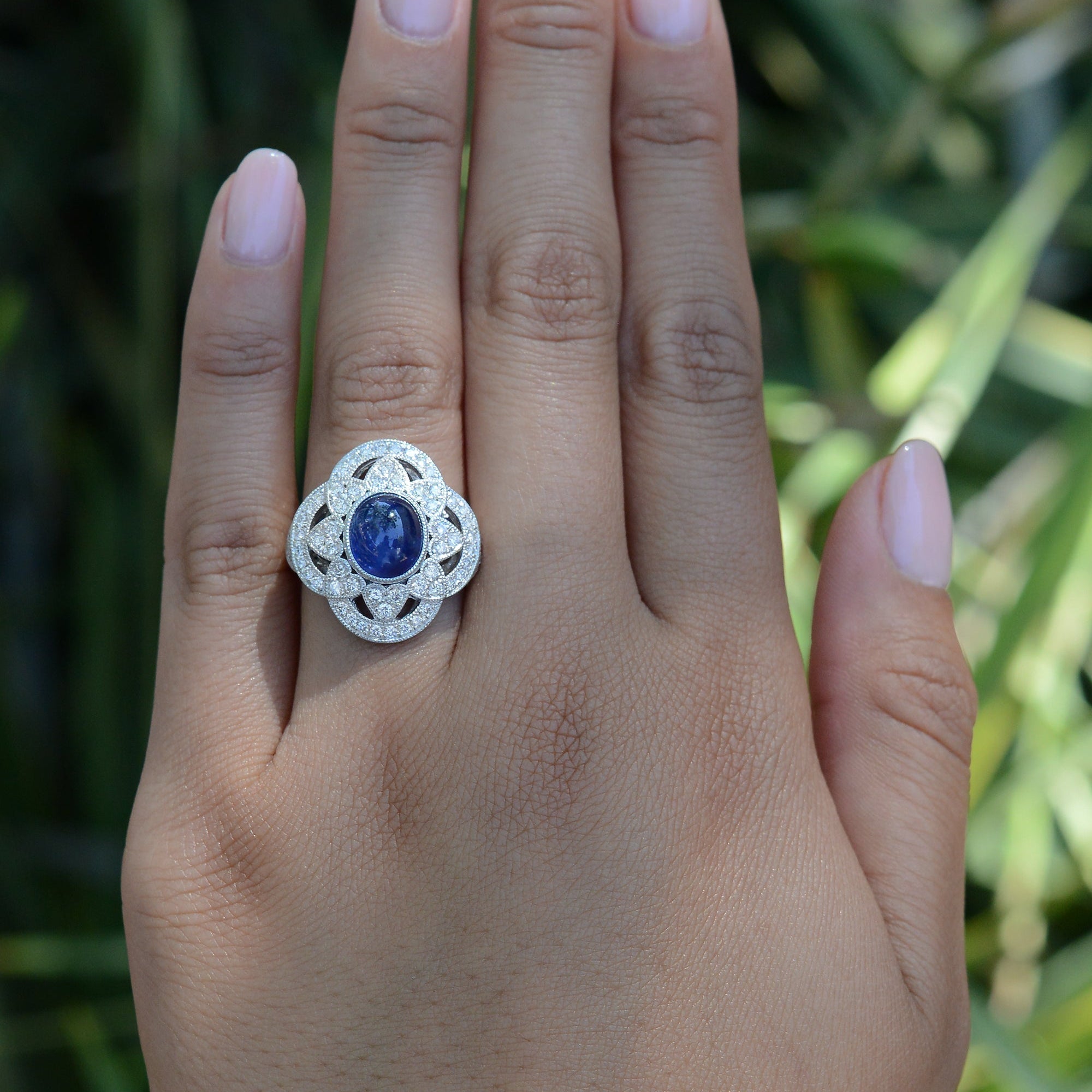 Vintage 3.79ct Sapphire Cabochon and Diamond Quatrefoil Ring