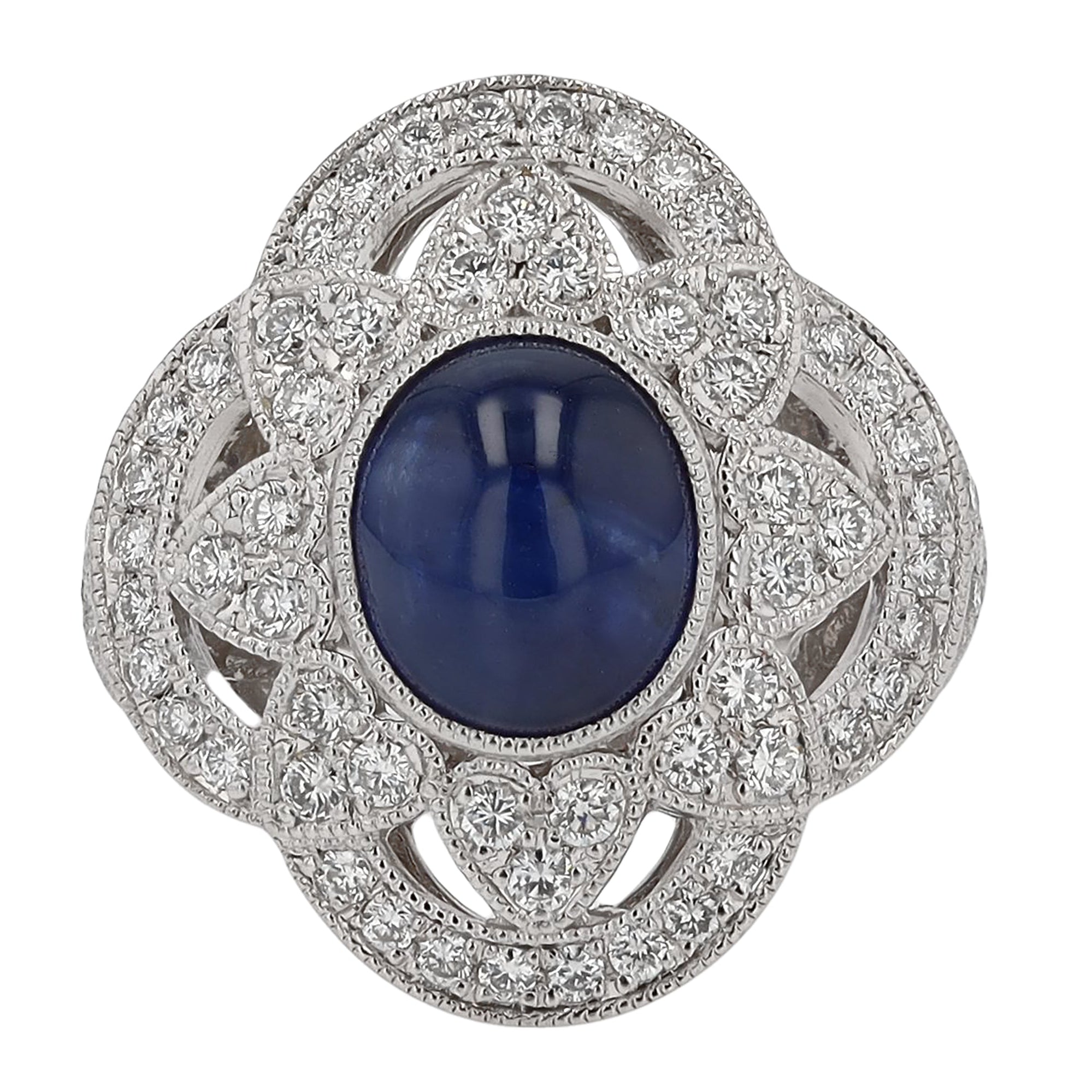 Vintage 3.79ct Sapphire Cabochon and Diamond Quatrefoil Ring