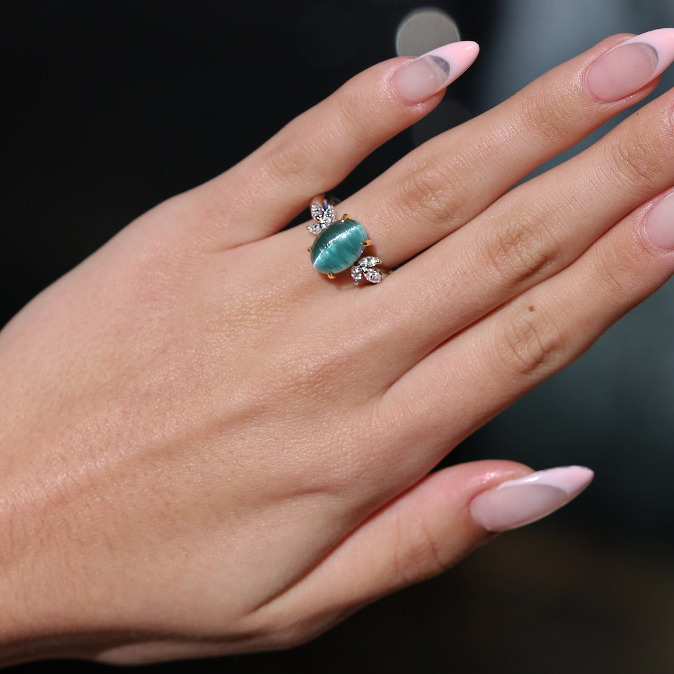 Vintage 4 Carat Cat's Eye Indicolite Tourmaline and Diamond Cocktail Ring