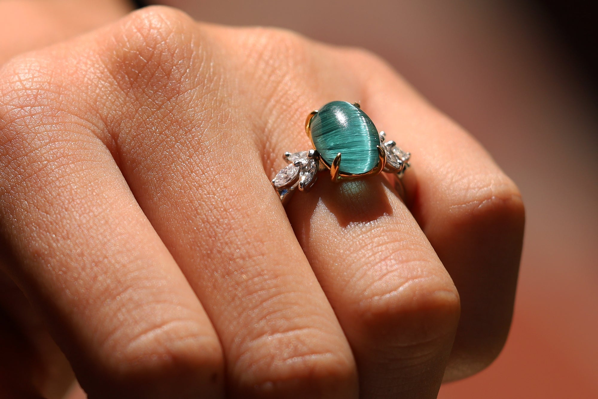 Vintage 4 Carat Cat's Eye Indicolite Tourmaline and Diamond Cocktail Ring