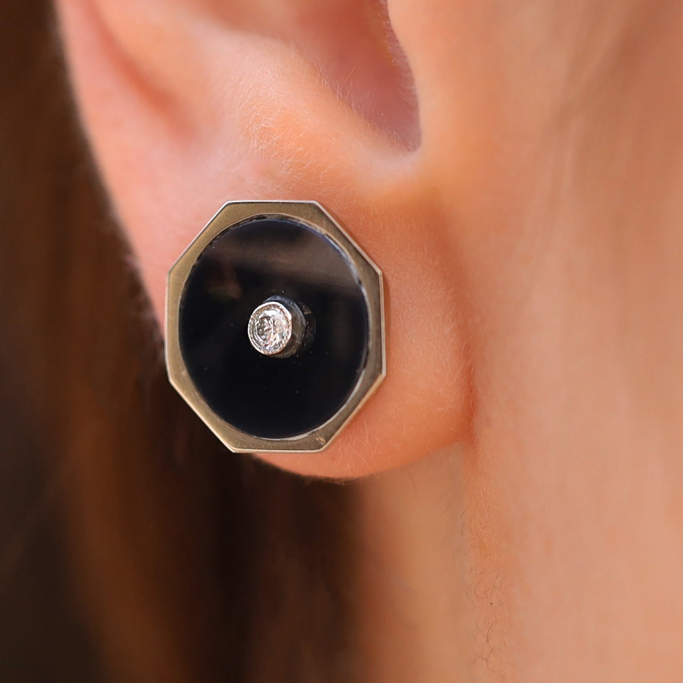 Vintage Art Deco 18k White Gold, Black Onyx and Diamond Octagon Earrings