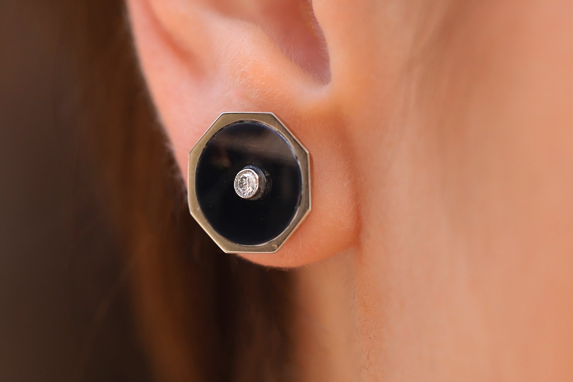 Vintage Art Deco 18k White Gold, Black Onyx and Diamond Octagon Earrings