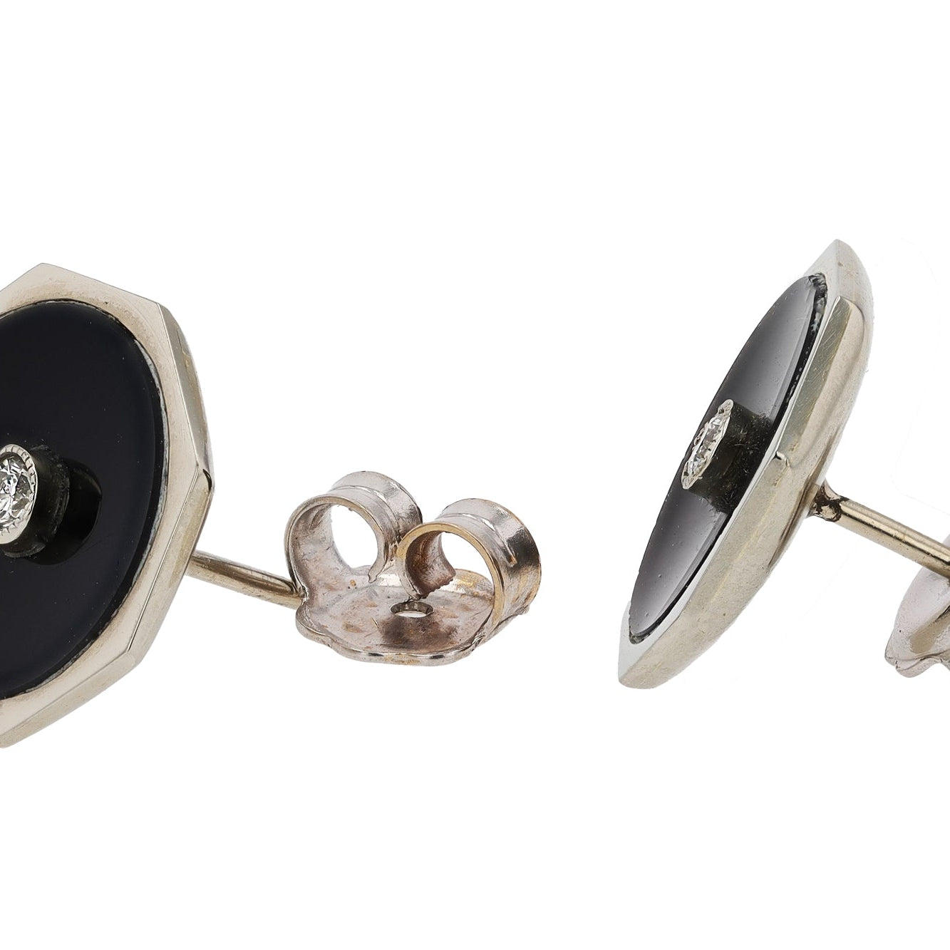 Vintage Art Deco 18k White Gold, Black Onyx and Diamond Octagon Earrings
