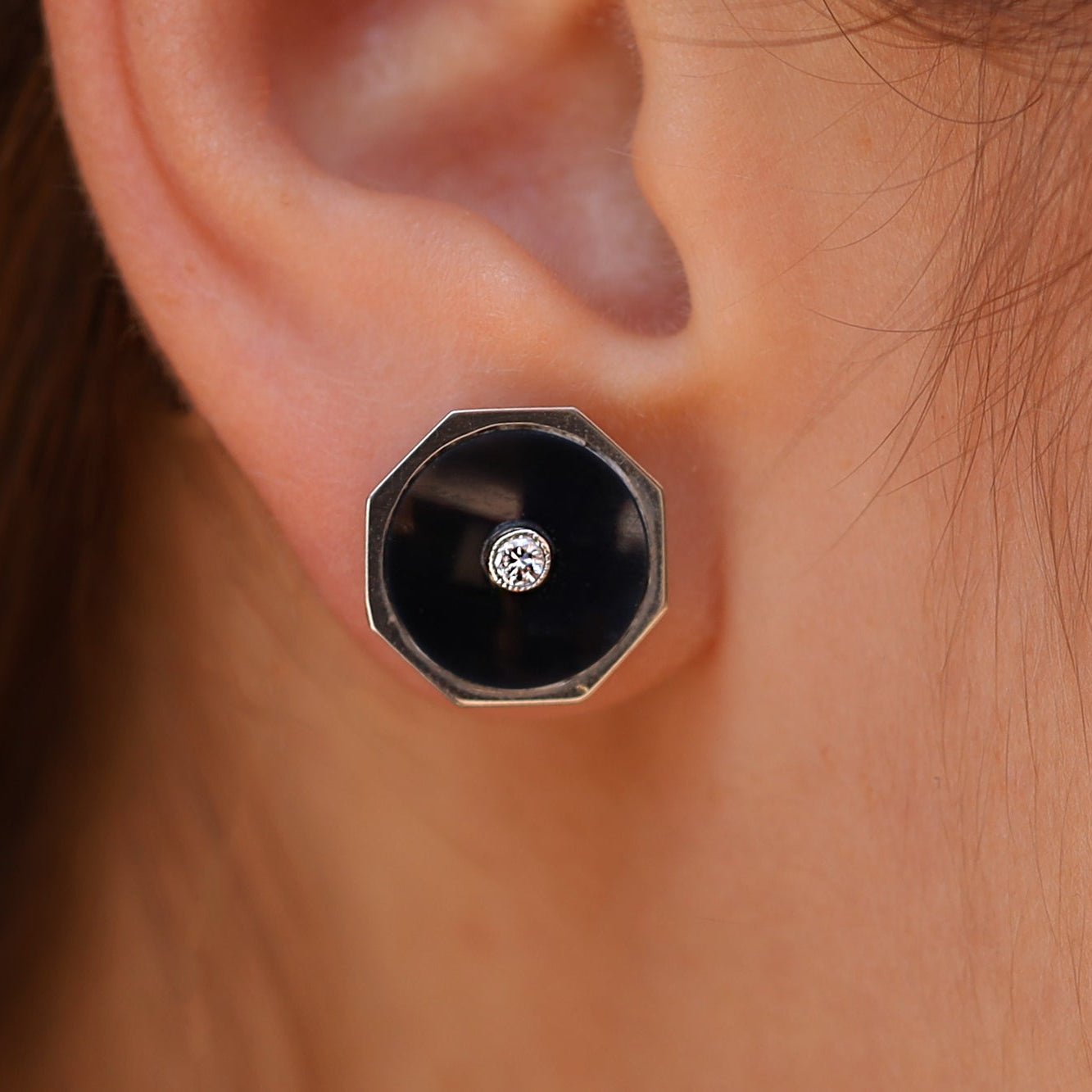 Vintage Art Deco 18k White Gold, Black Onyx and Diamond Octagon Earrings